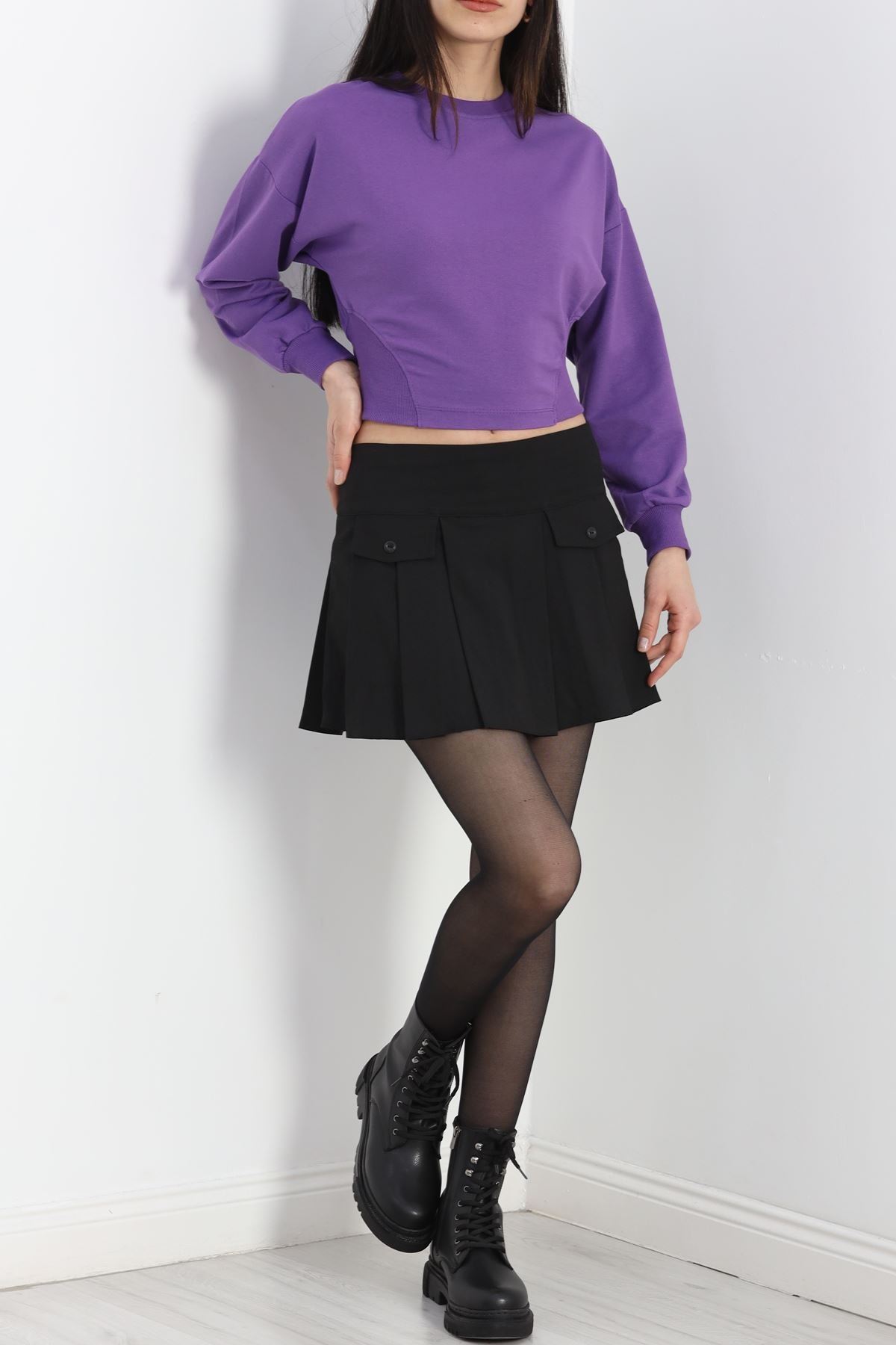 Bisiklet Yaka İki İplik Crop Sweat Mor - 40045.555.