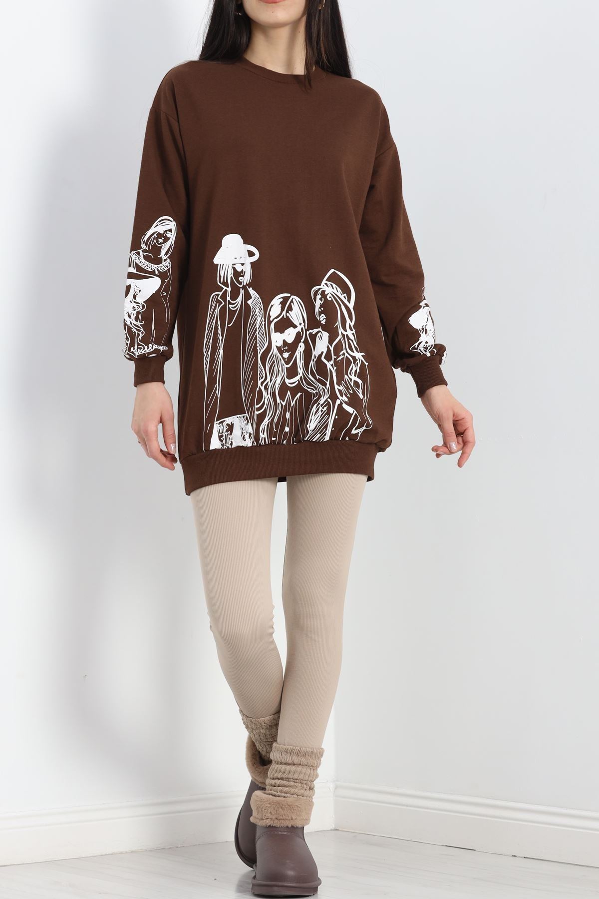 Baskılı İki İplik Tunik Sweat Kahve - 40044.555.
