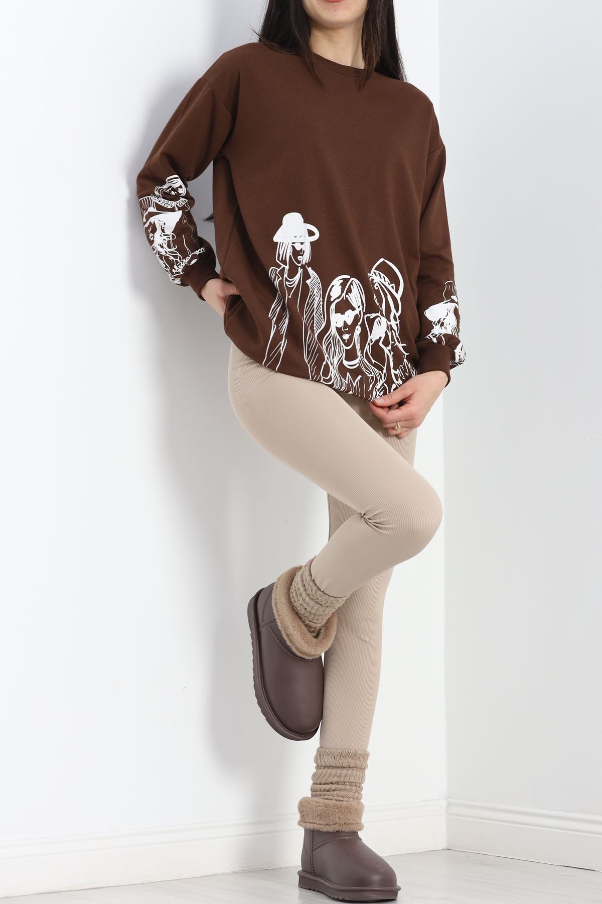 Baskılı İki İplik Tunik Sweat Kahve - 40044.555.