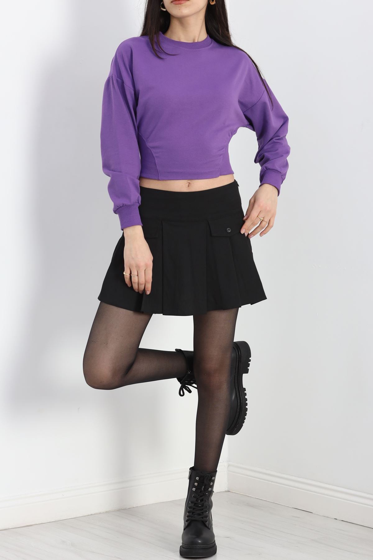 Bisiklet Yaka İki İplik Crop Sweat Mor - 40045.555.