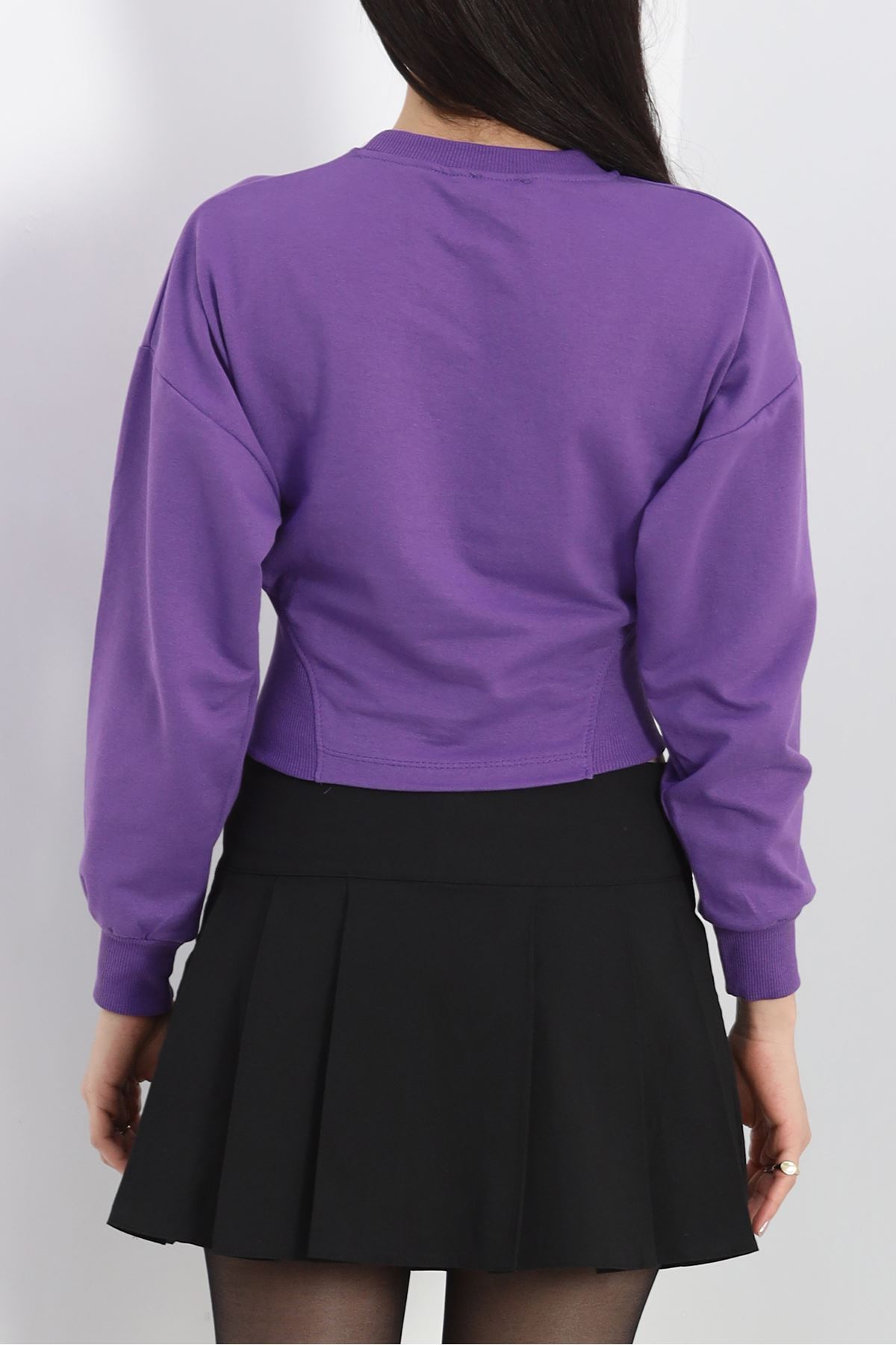Bisiklet Yaka İki İplik Crop Sweat Mor - 40045.555.