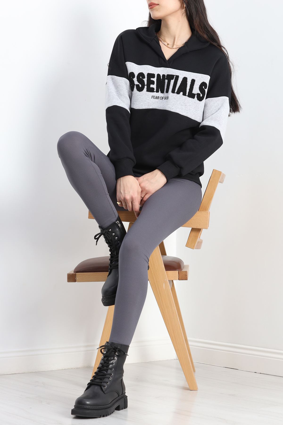 3 İplik Nakışlı Sweat Siyahgri - 40027.1857.