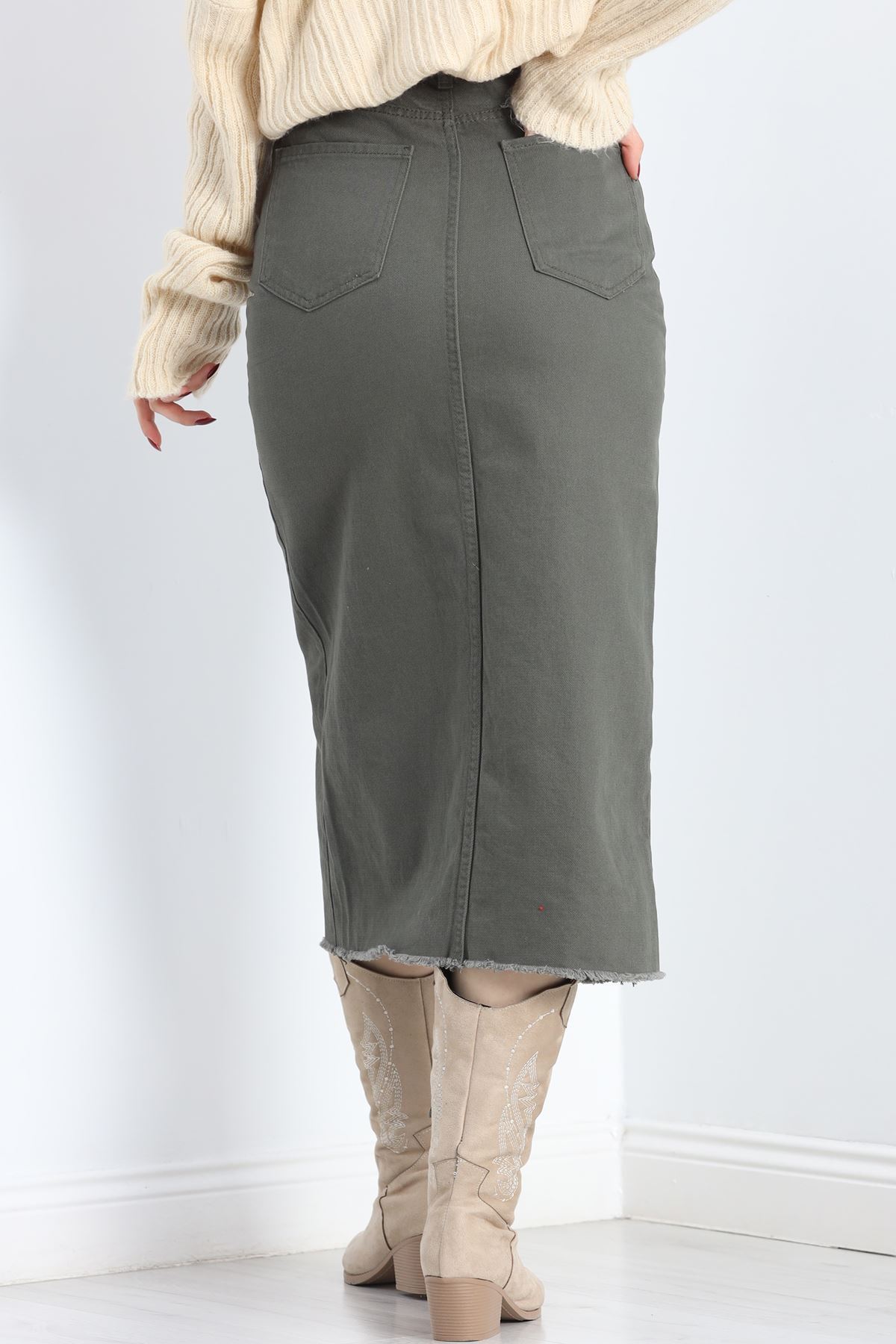 Yırtmaçlı Gabardın Etek Haki - 19547.1831.