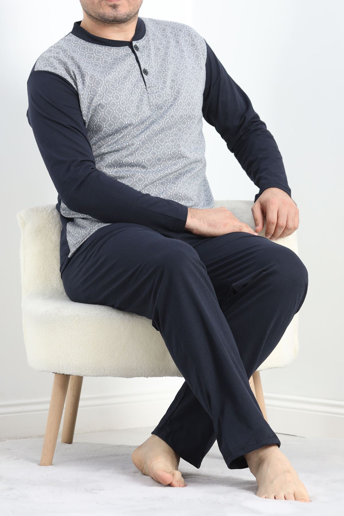 Jakarlı Erkek Pijama Takımı Gribeyaz - 40064.1838.