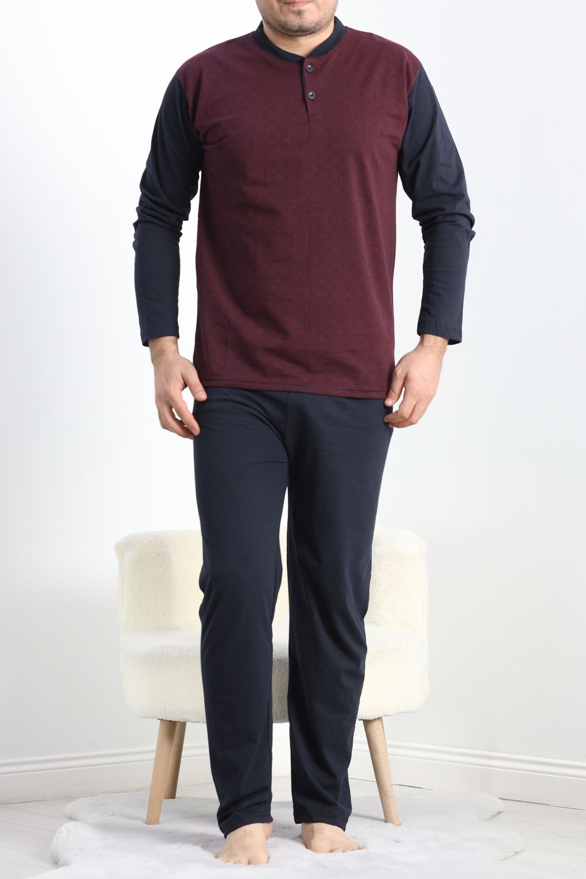 Jakarlı Erkek Pijama Takımı Bordo - 40064.1838.