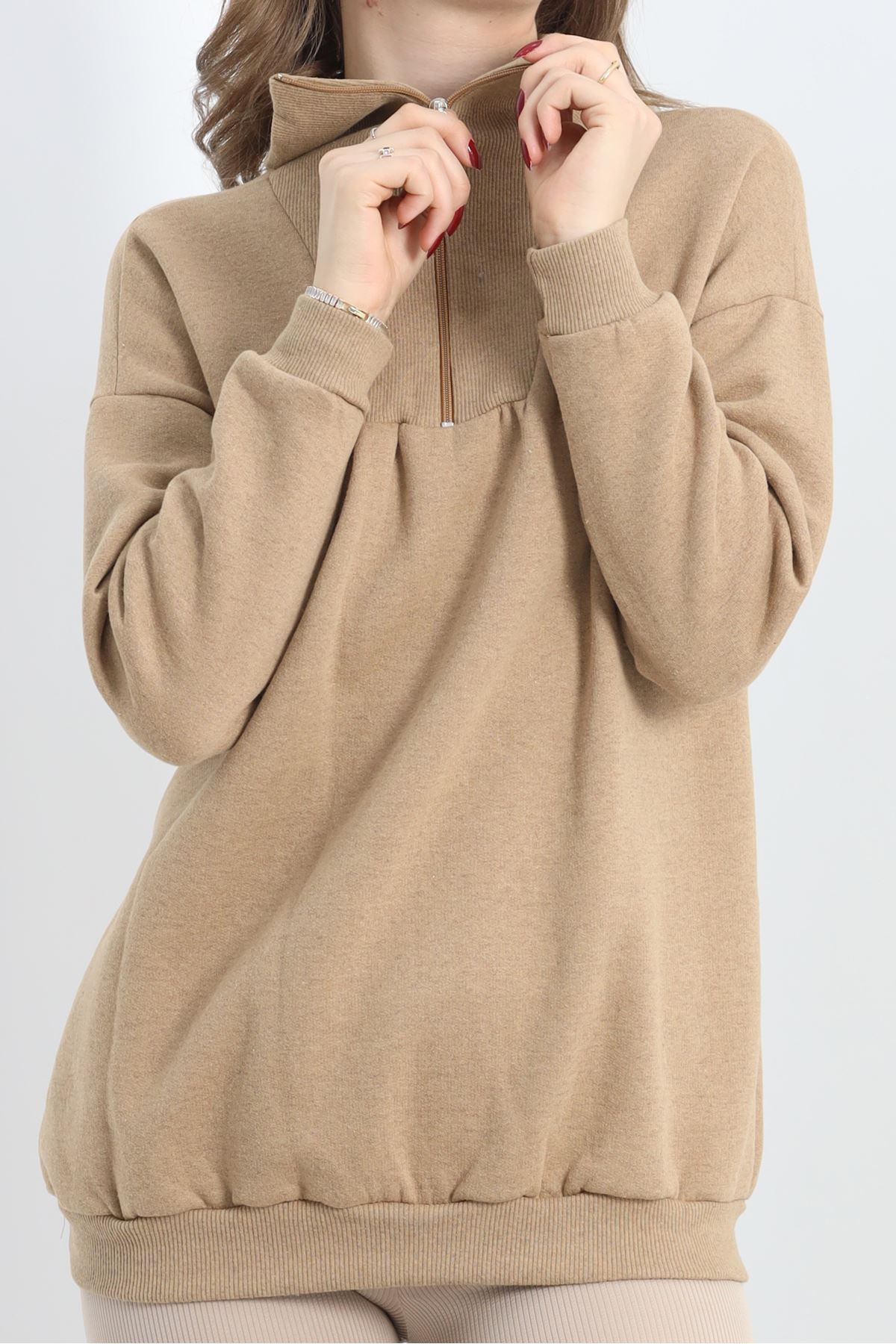 Fermuarlı İki İplik Şardonlu Sweat Sütlükahve - 21389.200.