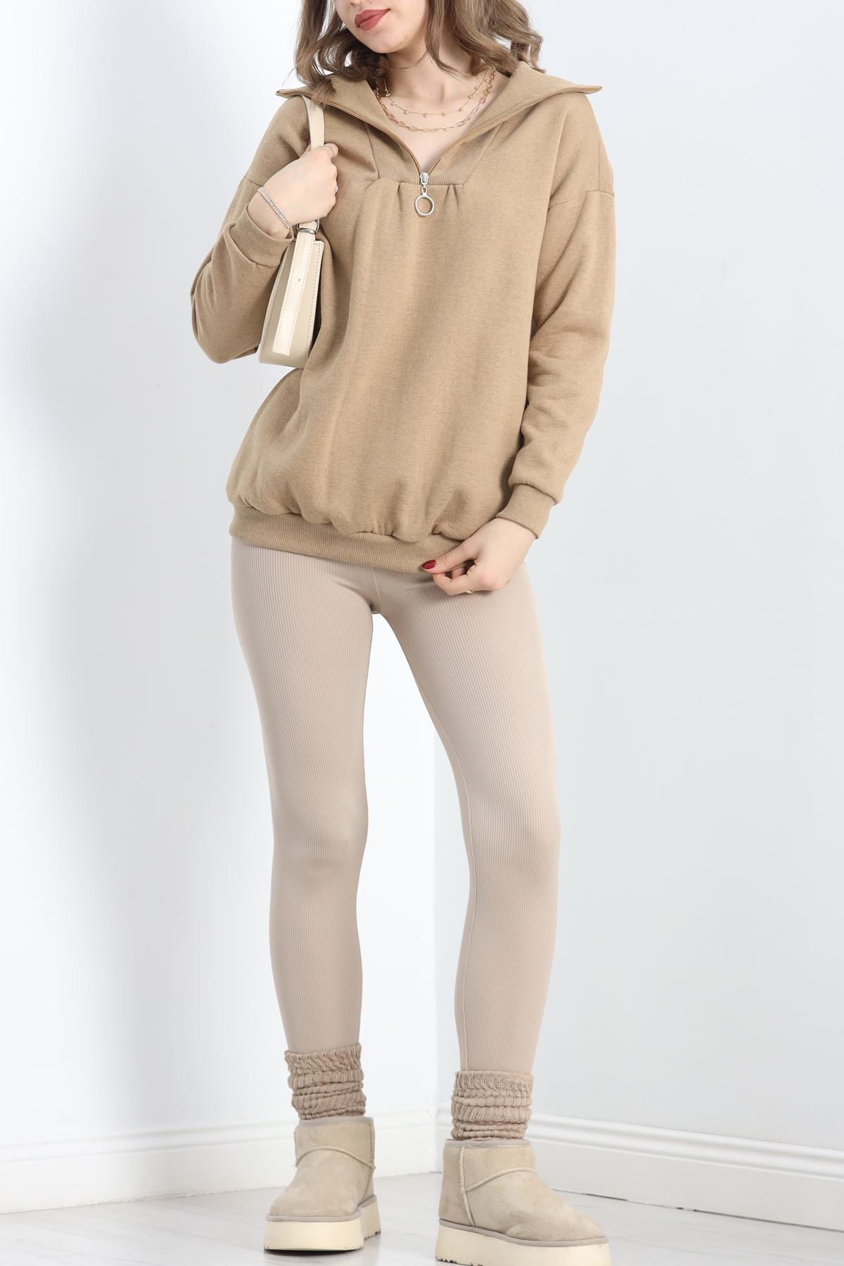 Fermuarlı İki İplik Şardonlu Sweat Sütlükahve - 21389.200.
