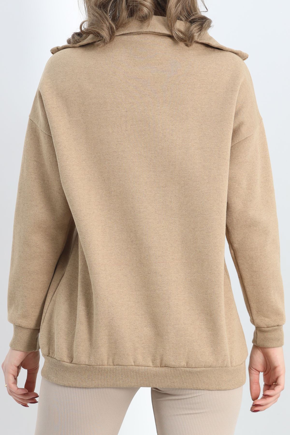 Fermuarlı İki İplik Şardonlu Sweat Sütlükahve - 21389.200.