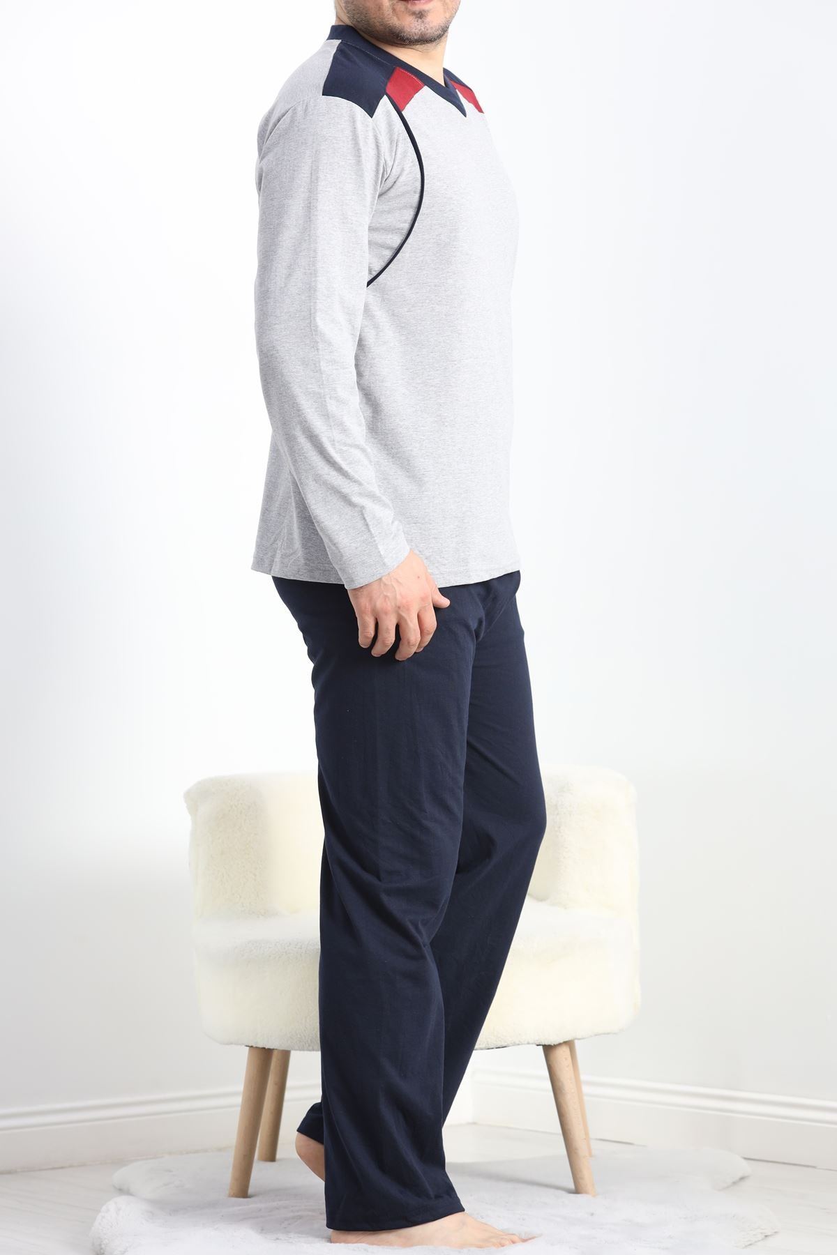 V Yaka Erkek Pijama Takımı Gri - 40069.1838.