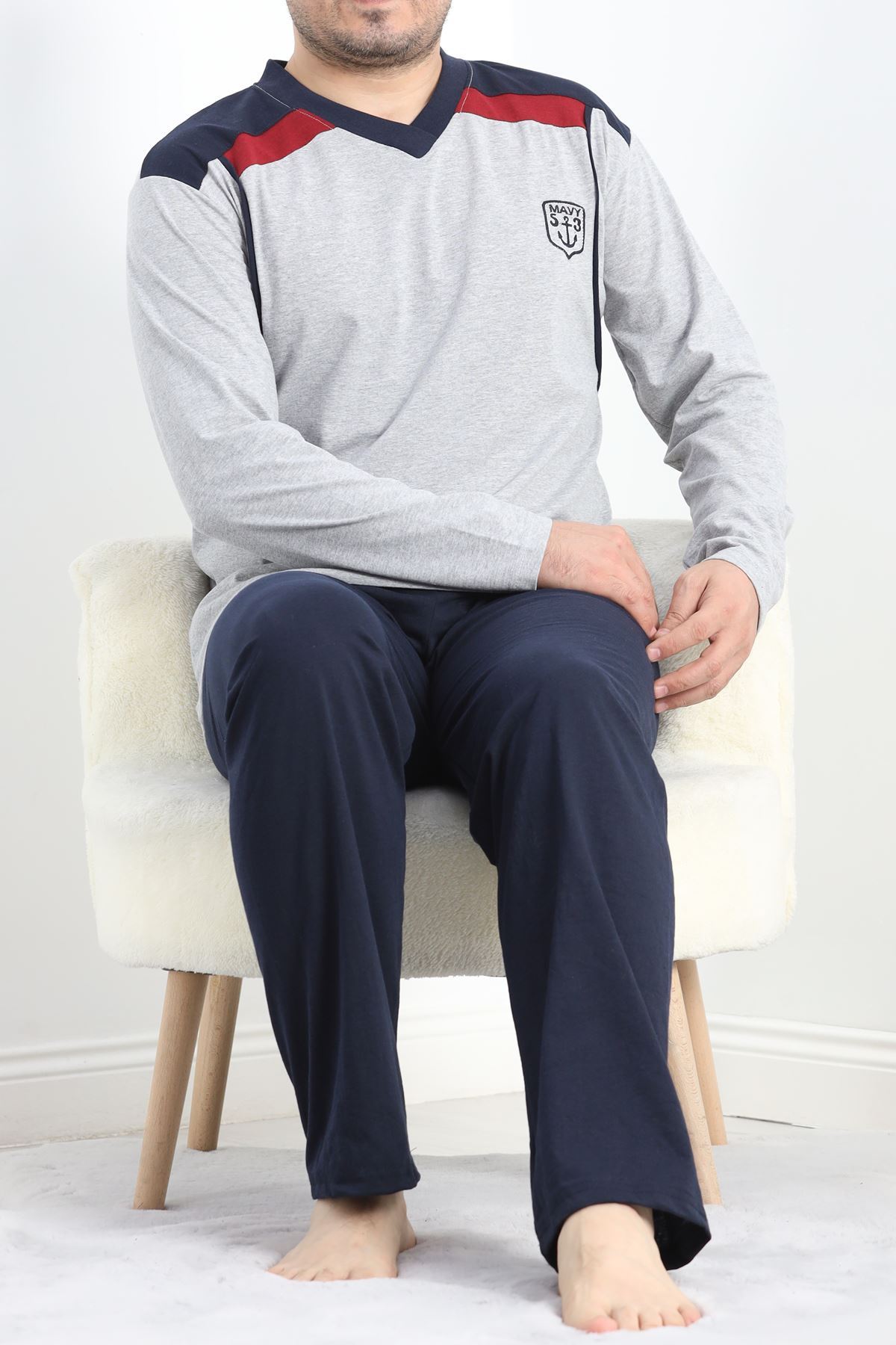 V Yaka Erkek Pijama Takımı Gri - 40069.1838.