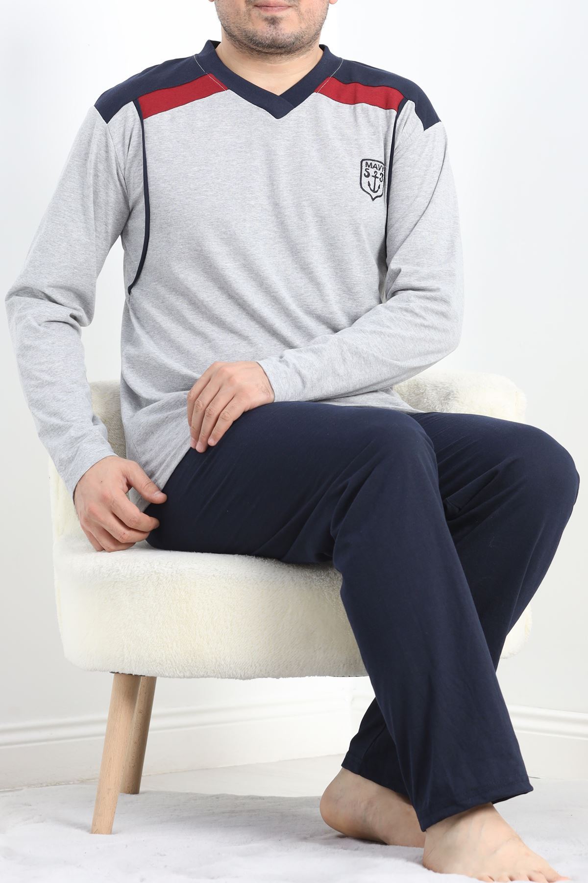 V Yaka Erkek Pijama Takımı Gri - 40069.1838.