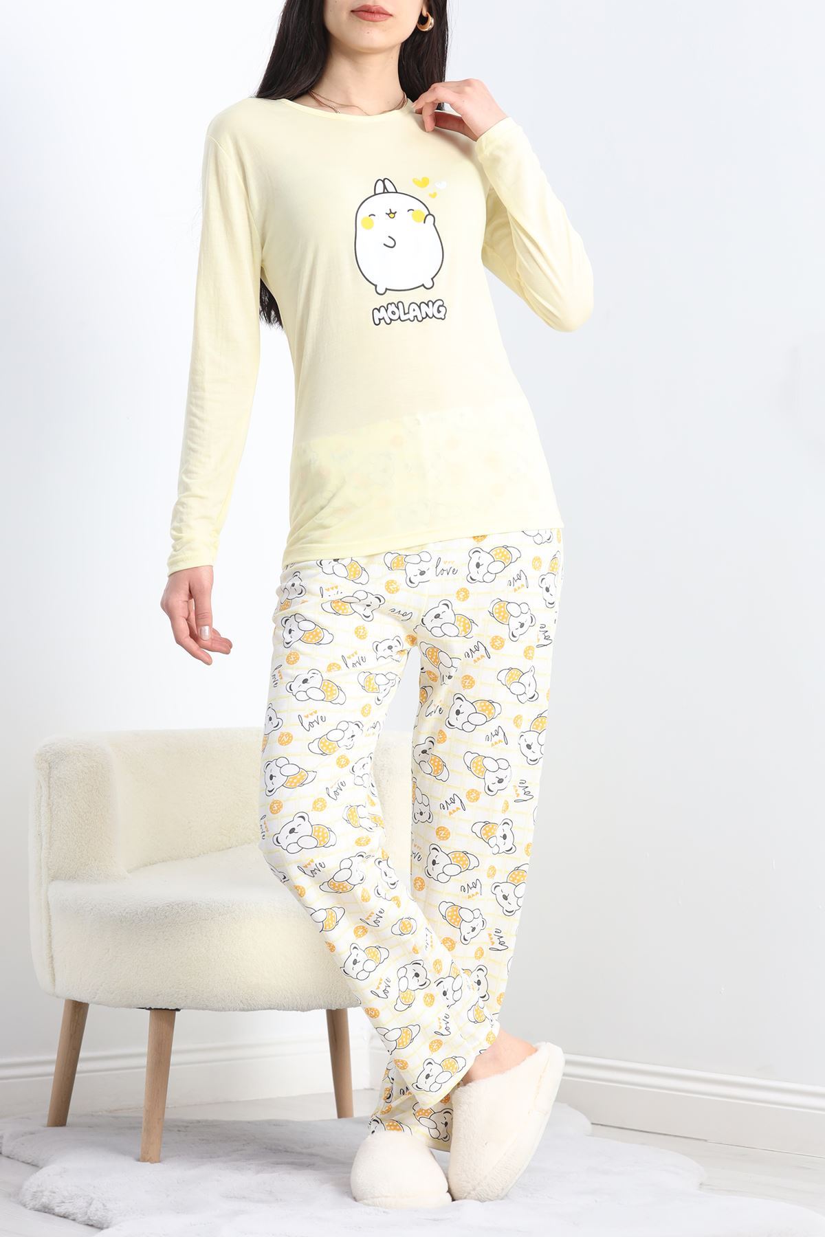Baskılı Polivskon Pijama Takımı Sarı - 40091.1287.