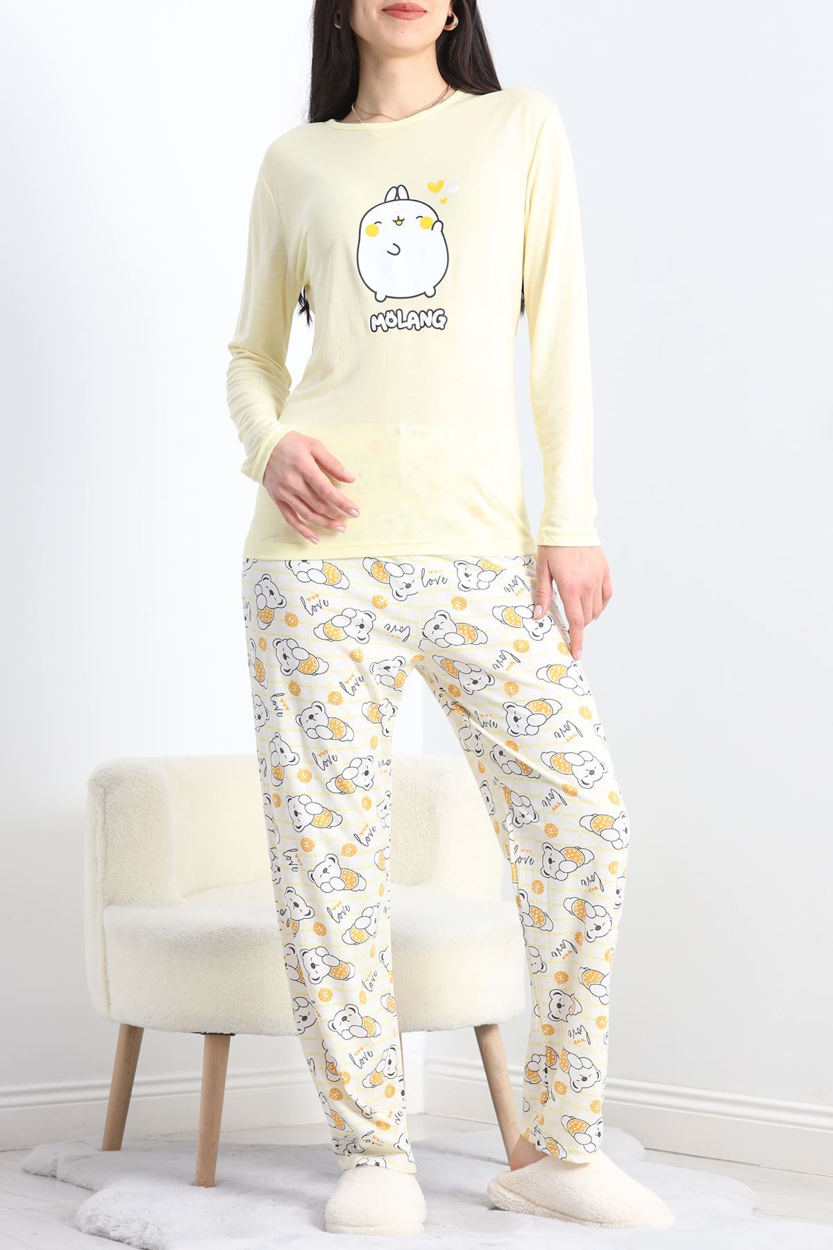 Baskılı Polivskon Pijama Takımı Sarı - 40091.1287.