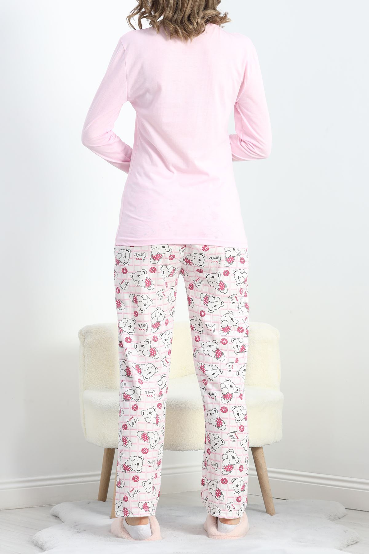 Baskılı Polivskon Pijama Takımı Pudrabeyaz - 40091.1287.
