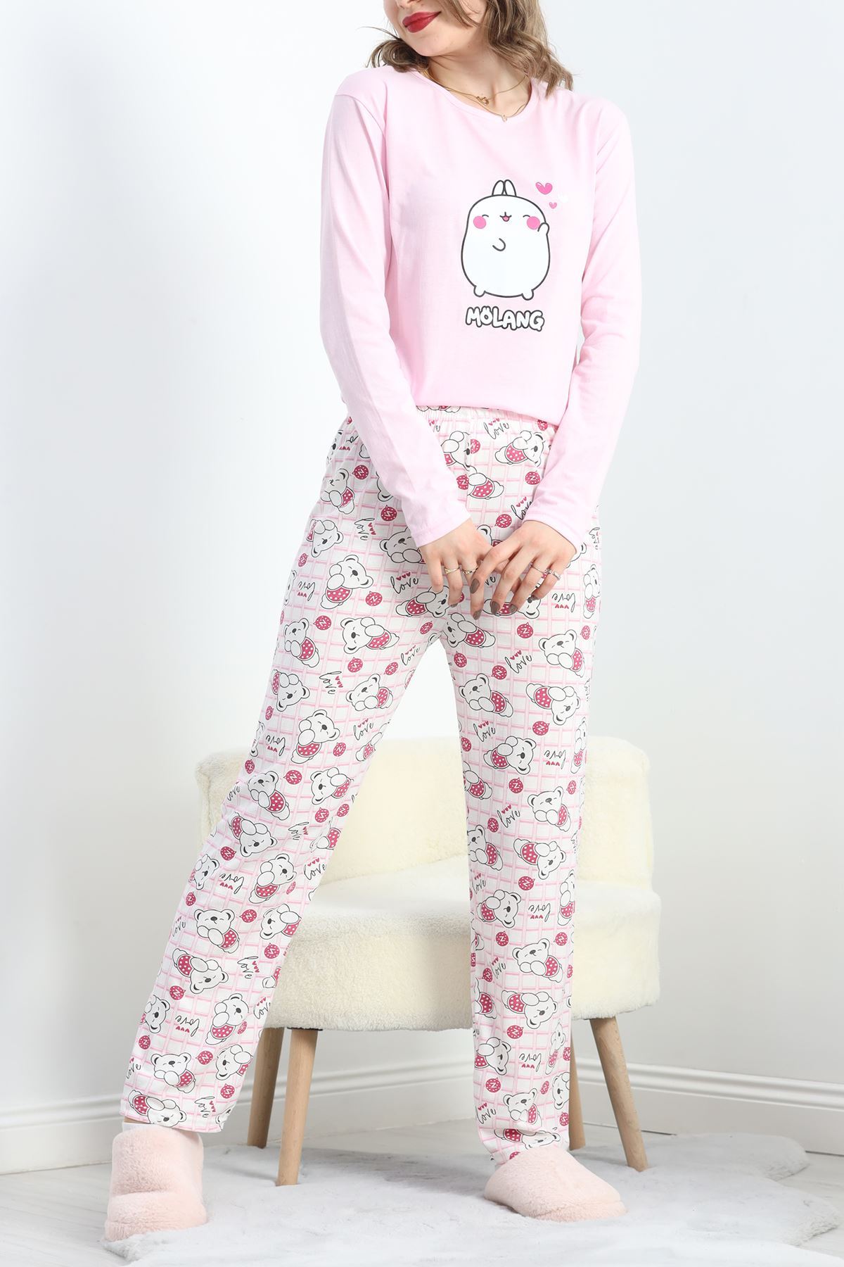 Baskılı Polivskon Pijama Takımı Pudrabeyaz - 40091.1287.