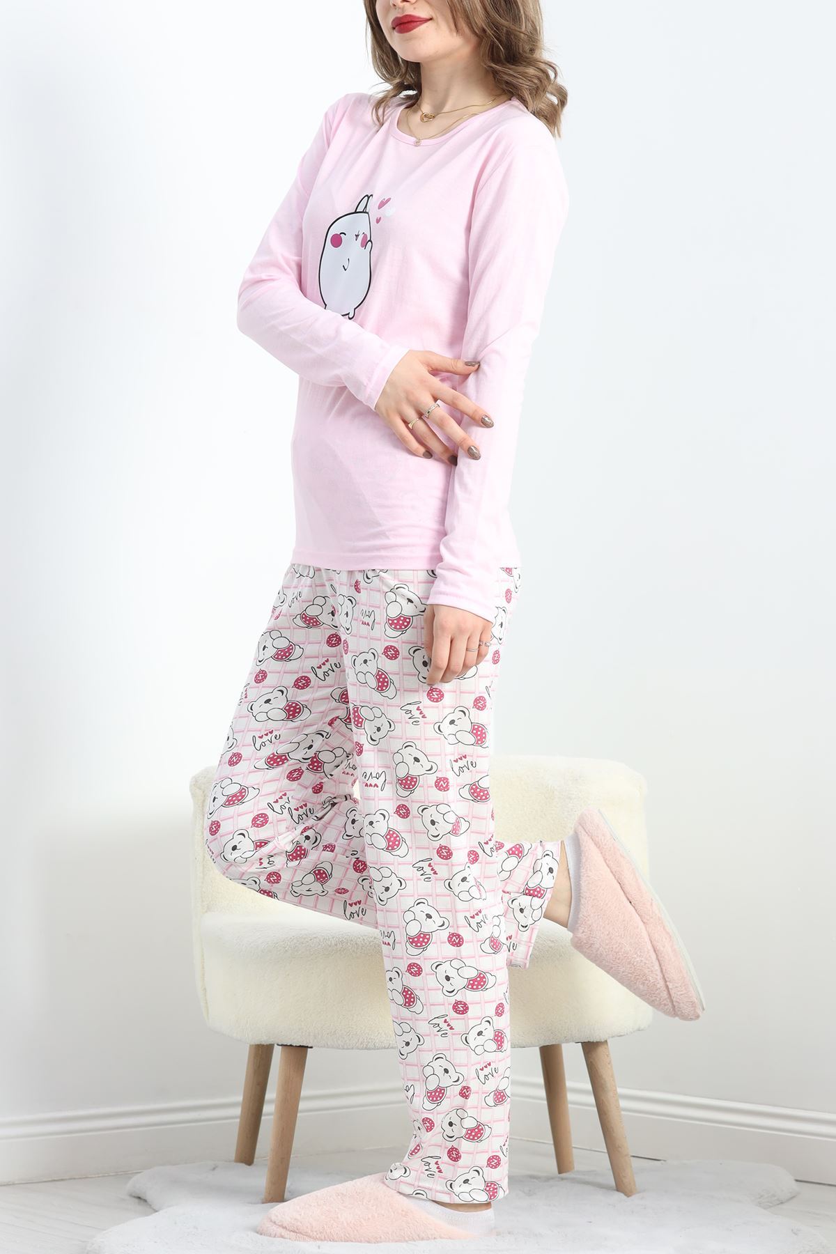 Baskılı Polivskon Pijama Takımı Pudrabeyaz - 40091.1287.