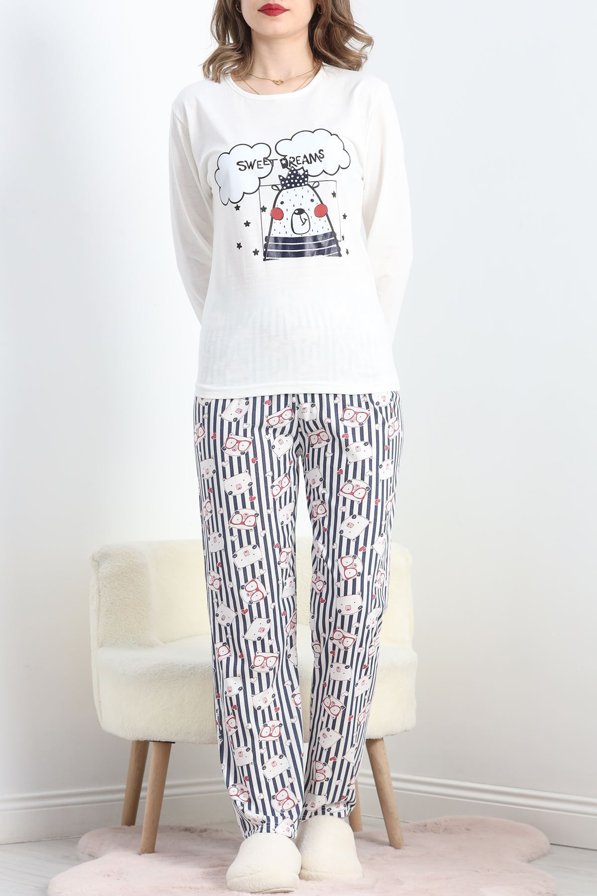 Baskılı Polivskon Pijama Takımı Kırıkbeyaz - 40091.1287.