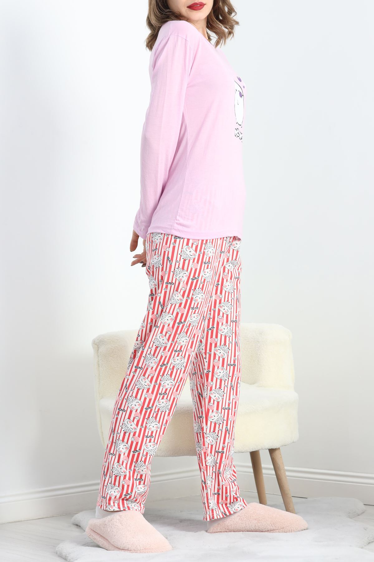 Baskılı Polivskon Pijama Takımı Pembebeyaz - 40091.1287.