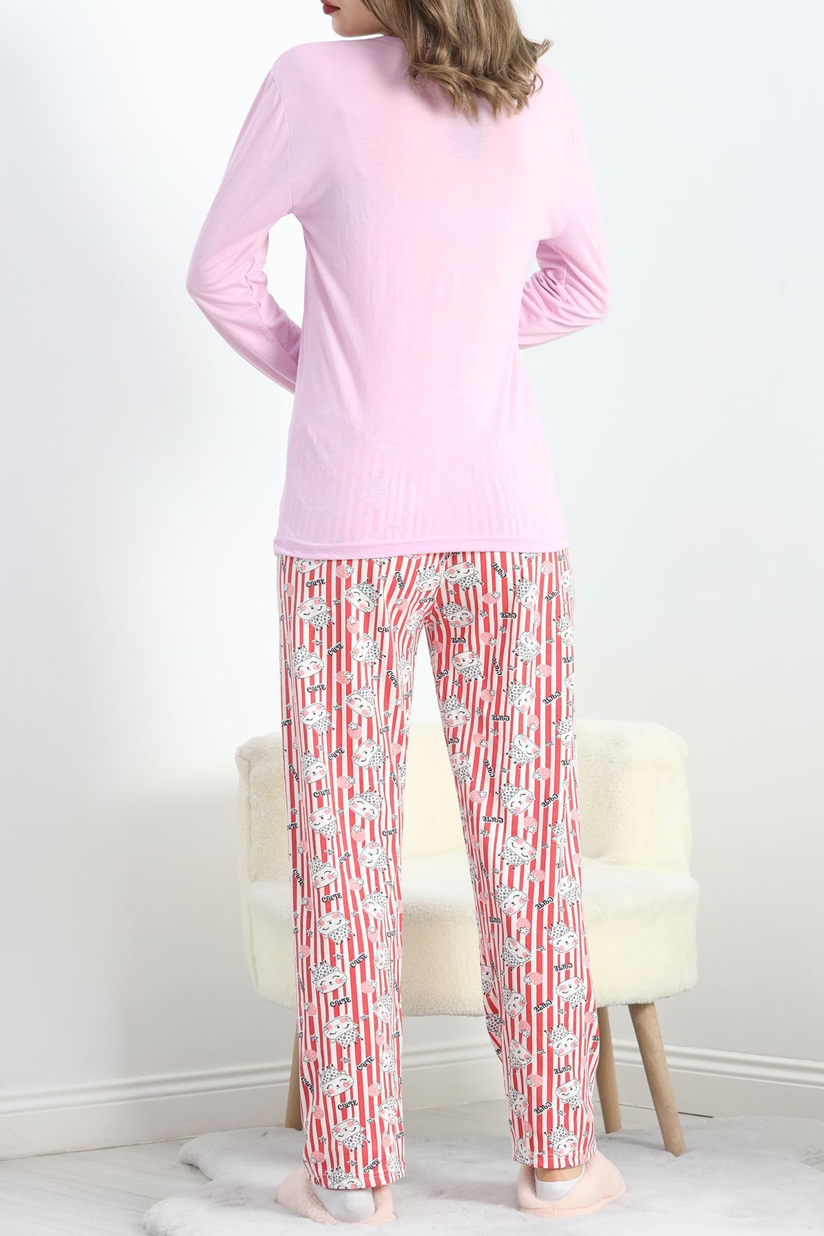 Baskılı Polivskon Pijama Takımı Pembebeyaz - 40091.1287.