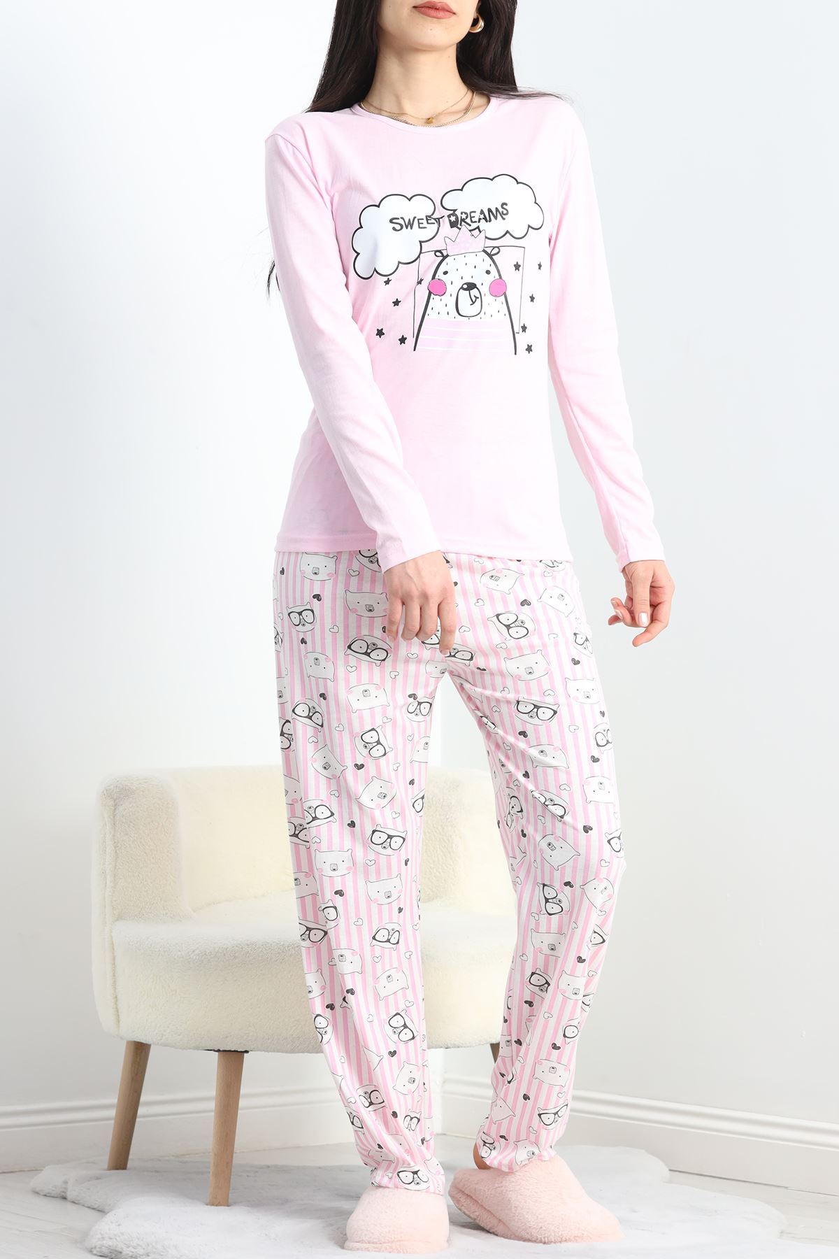 Baskılı Polivskon Pijama Takımı Pembeçizgili - 40091.1287.