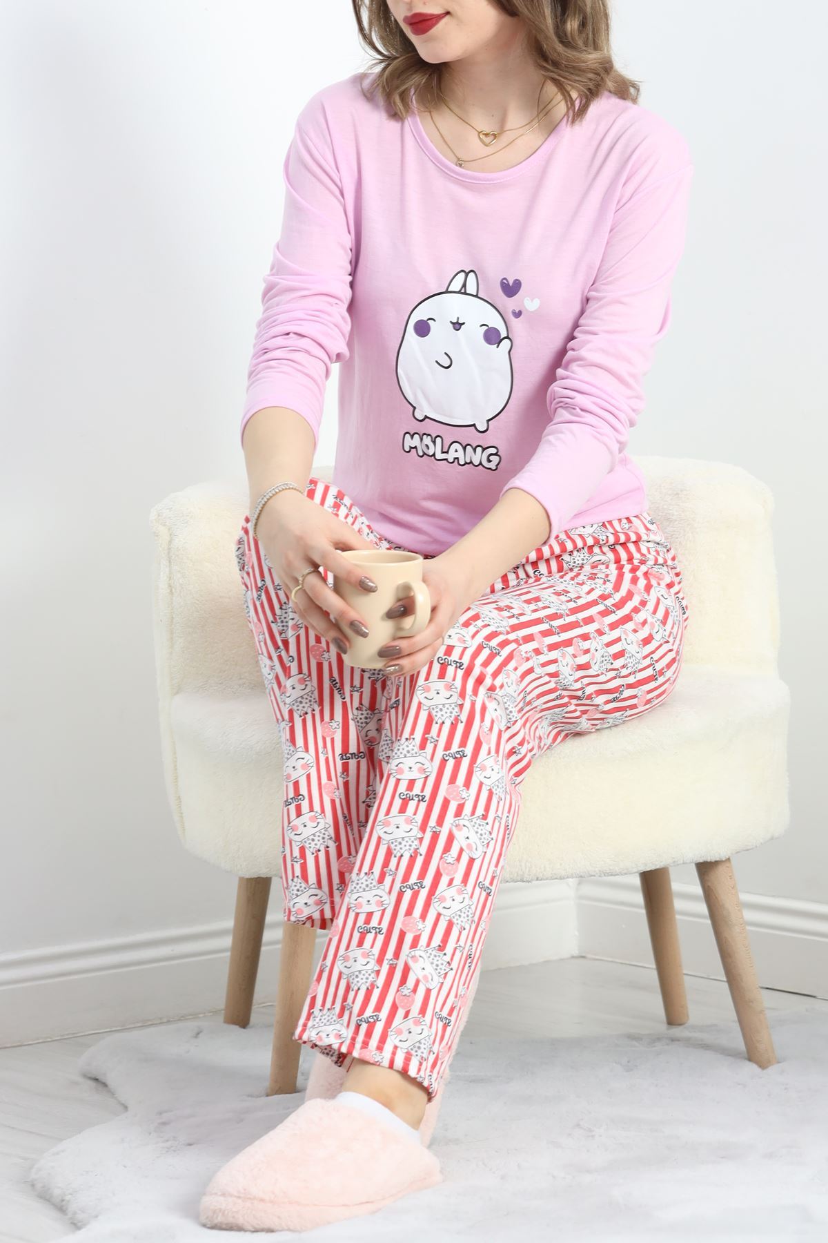 Baskılı Polivskon Pijama Takımı Pembebeyaz - 40091.1287.