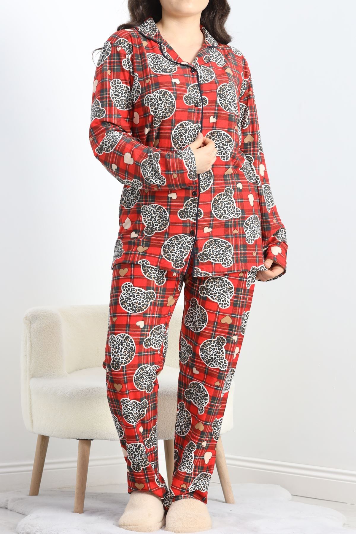 Büyük Beden Süet Pijama Takımı Kırmızıekose - 19563.1902.