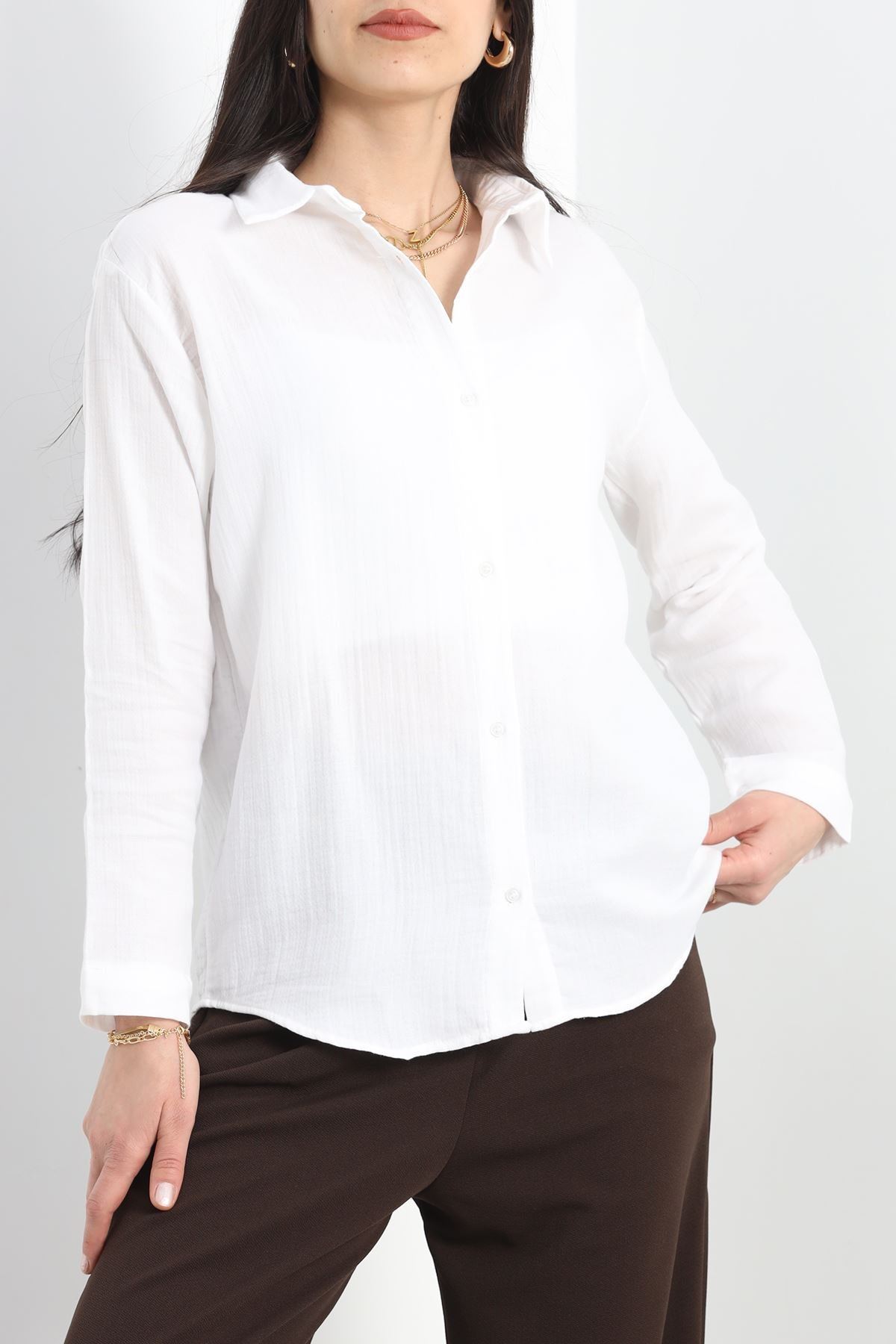 Spor Yaka Müslin Gömlek Beyaz - 30092.1874.
