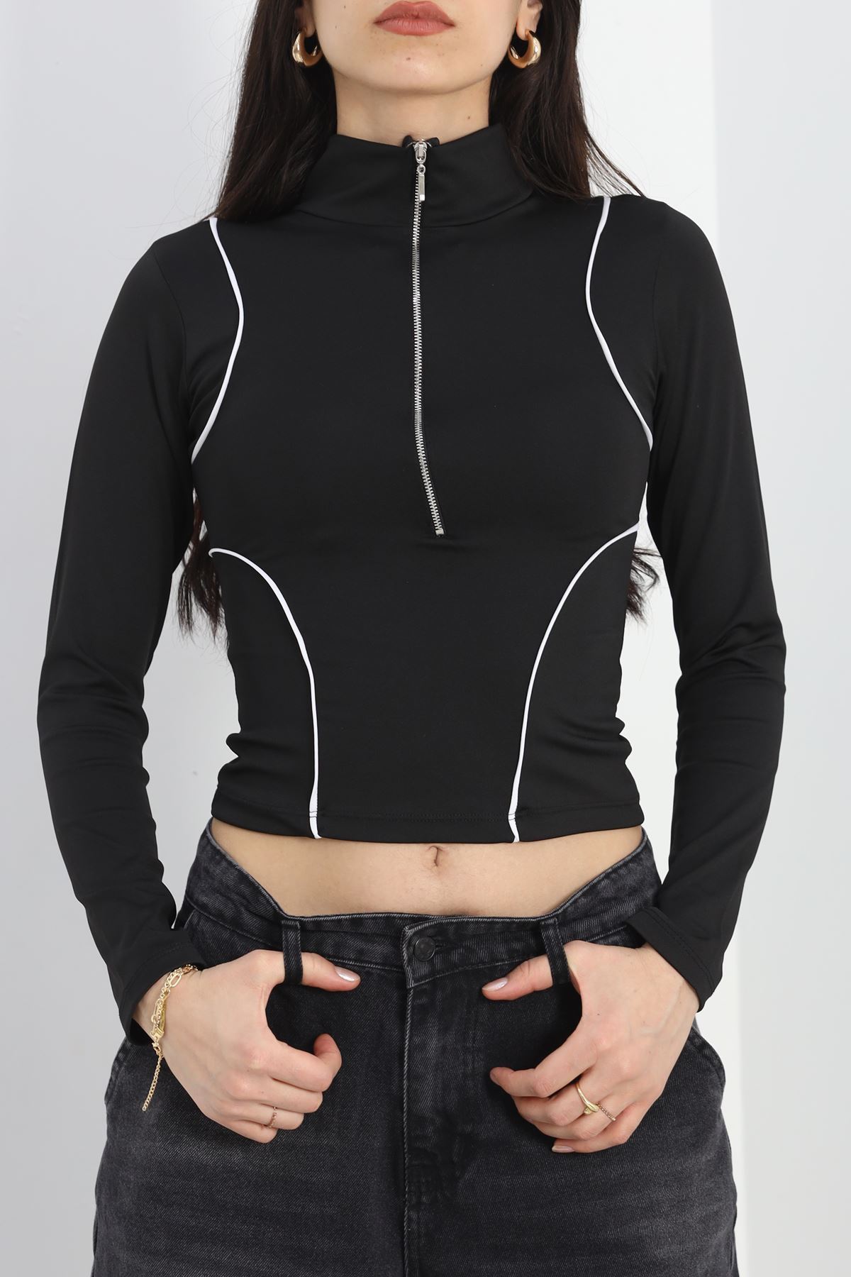 Biyeli Yarım Fermuarlı Body Siyah - 40078.1855.