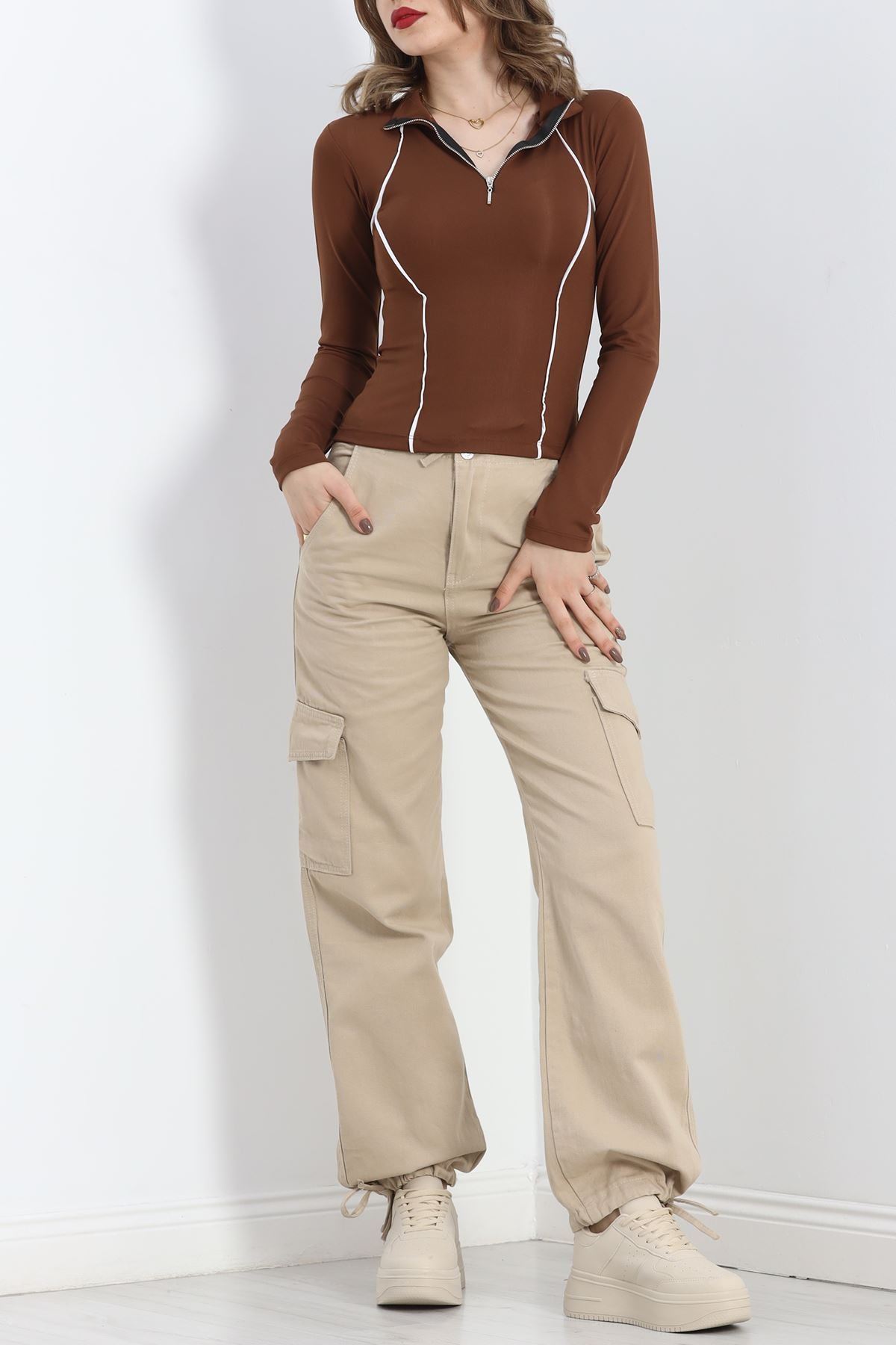 Biyeli Fermuarlı Body Kahve - 40077.1855.