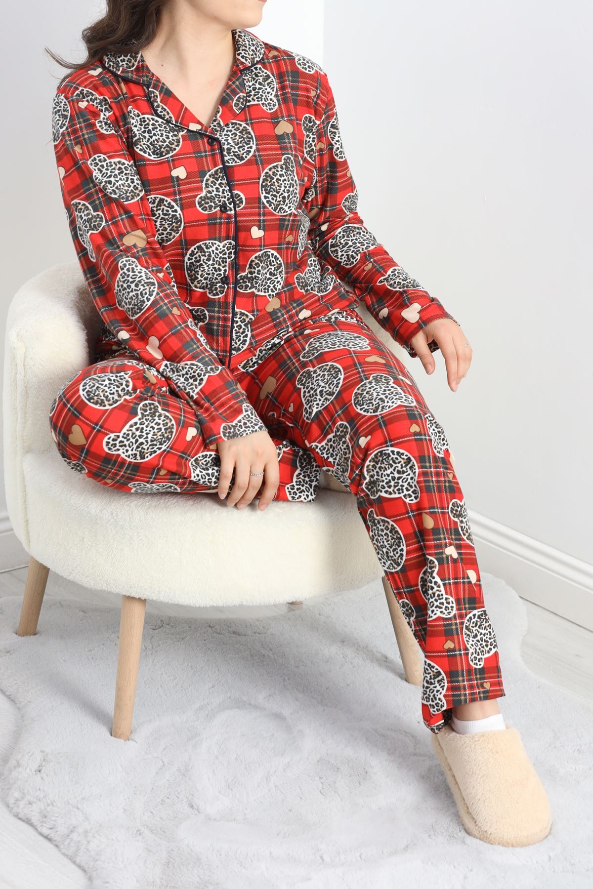 Büyük Beden Süet Pijama Takımı Kırmızıekose - 19563.1902.