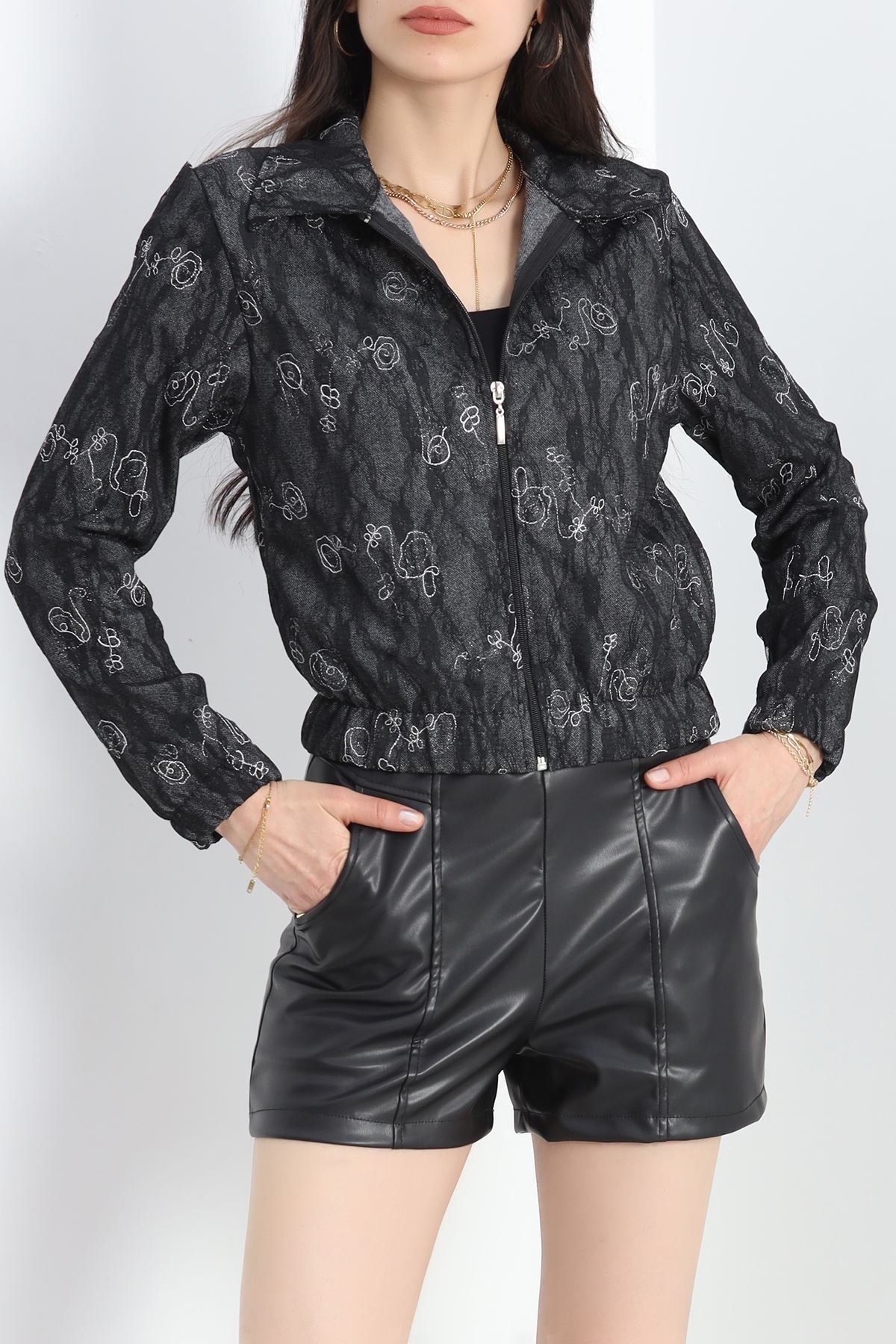 Likralı Güpürlü Kumaş Bomber Mont Siyah - 30101.1837.