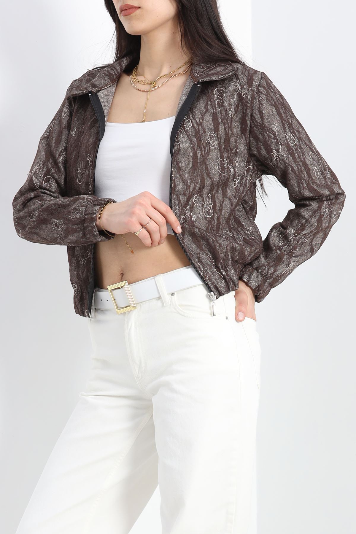 Likralı Güpürlü Kumaş Bomber Mont Kahve1 - 30101.1837.
