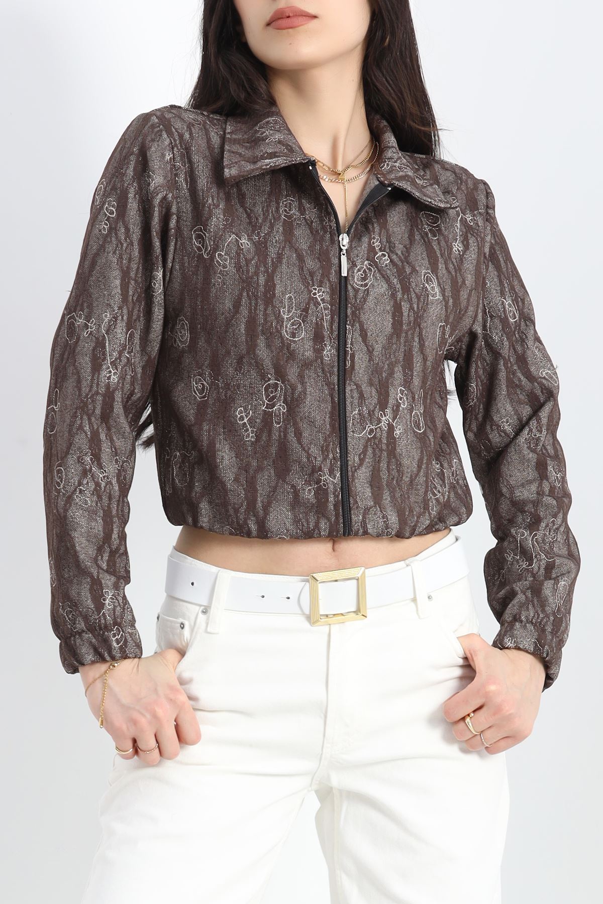 Likralı Güpürlü Kumaş Bomber Mont Kahve1 - 30101.1837.