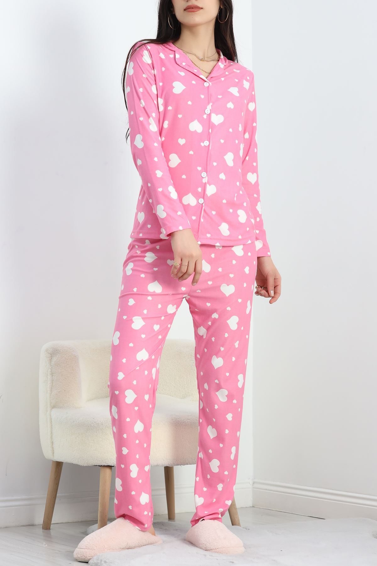 Düğmeli Süet Pijama Takımı Pembekalpli - 50039.1857.