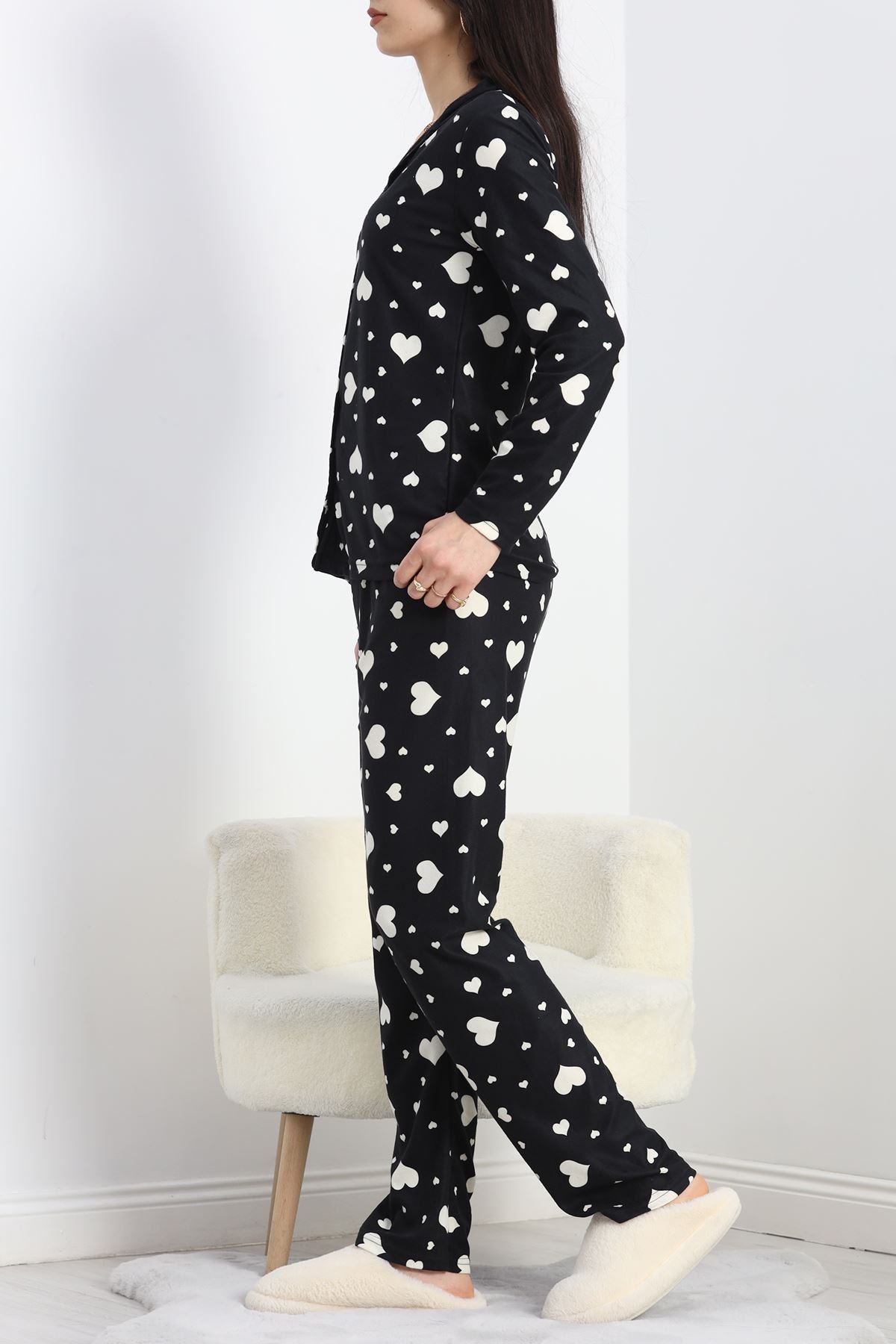 Düğmeli Süet Pijama Takımı Siyahbeyaz - 50039.1857.