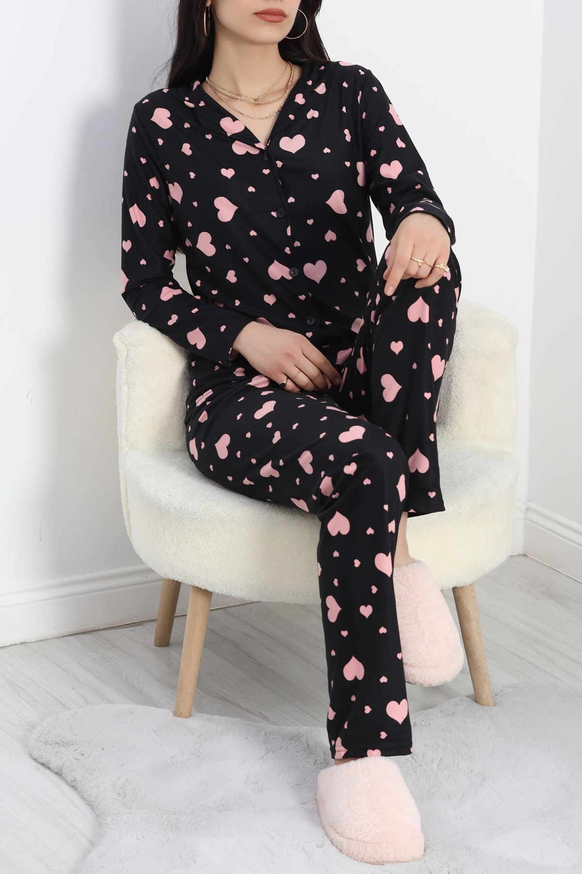 Düğmeli Süet Pijama Takımı Siyahpembe - 50039.1857.