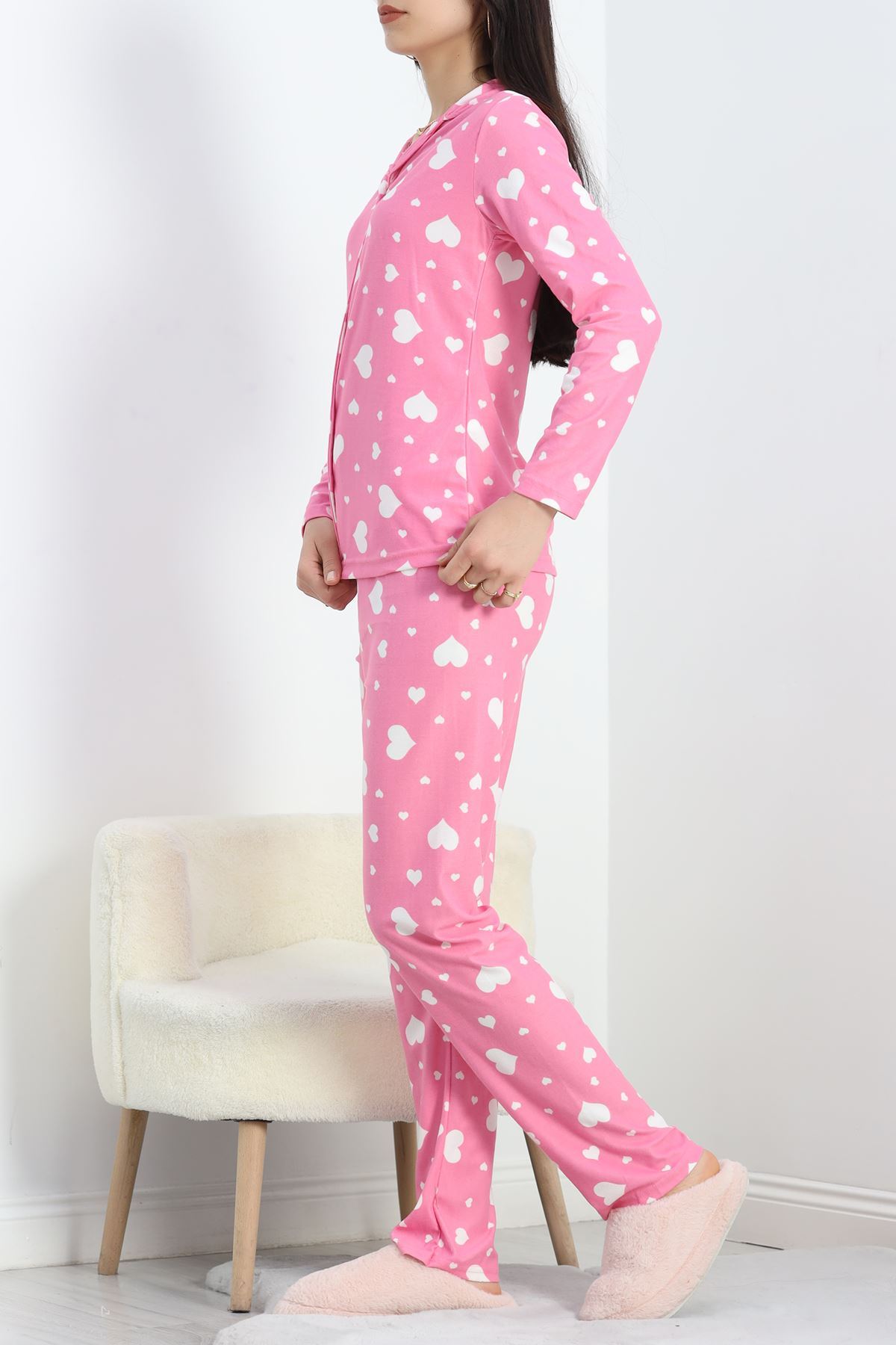 Düğmeli Süet Pijama Takımı Pembekalpli - 50039.1857.