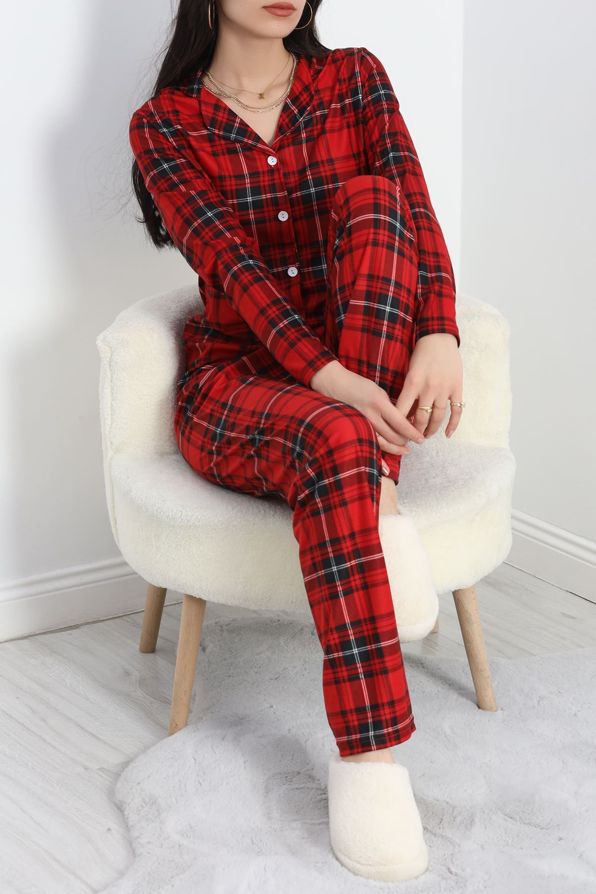 Düğmeli Süet Pijama Takımı Ekosekırmızı - 50039.1857.