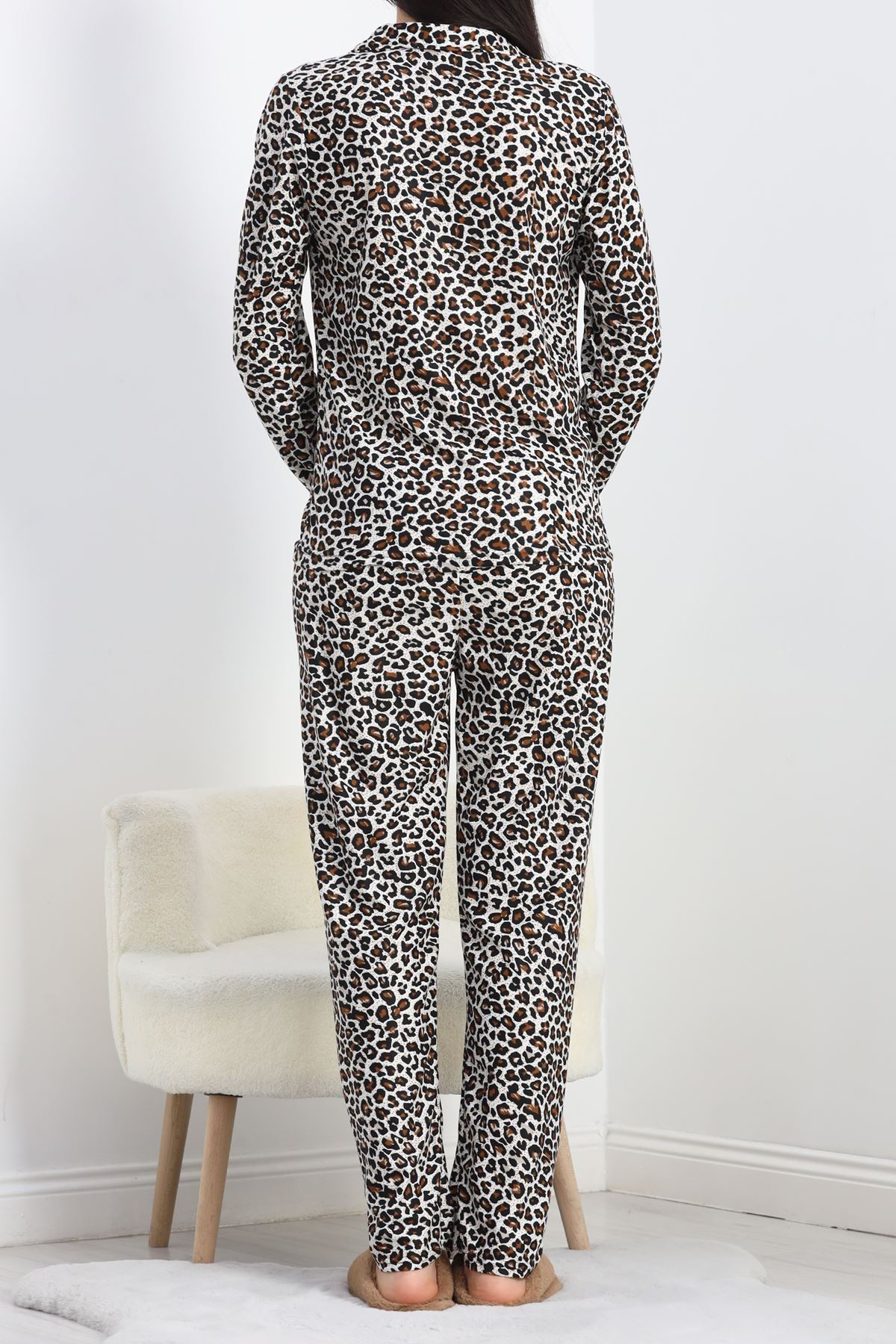 Düğmeli Süet Pijama Takımı Leopar - 50039.1857.