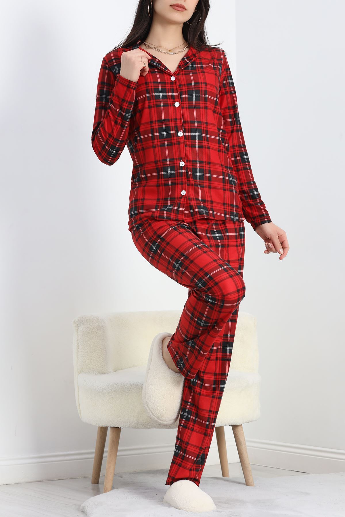 Düğmeli Süet Pijama Takımı Ekosekırmızı - 50039.1857.