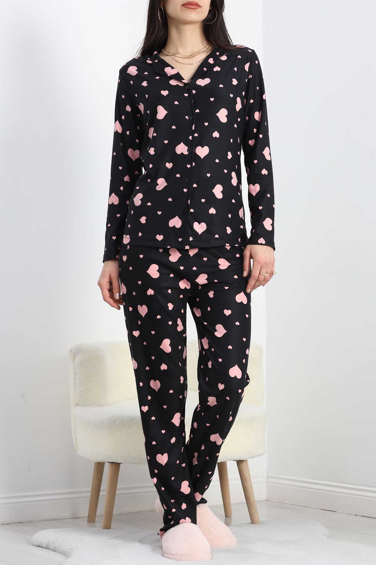 Düğmeli Süet Pijama Takımı Siyahpembe - 50039.1857.