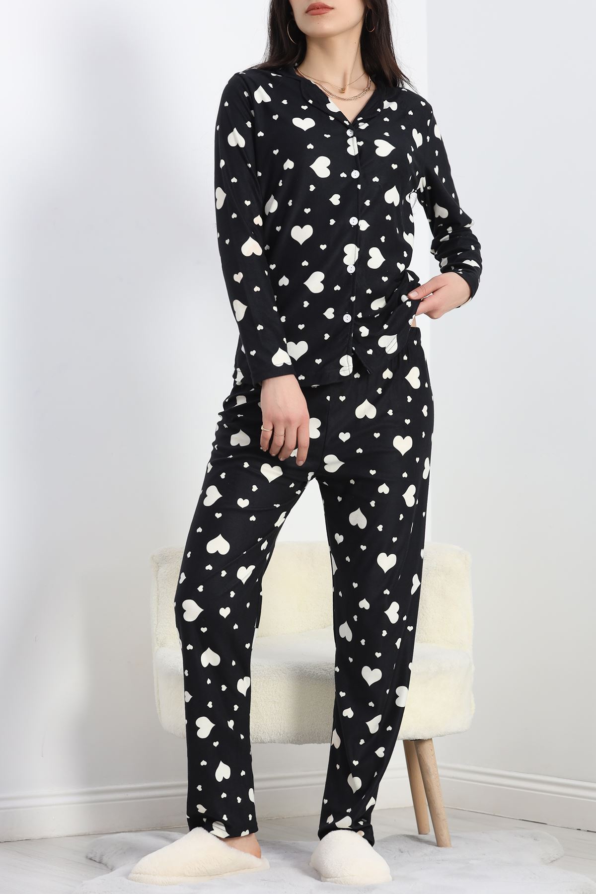 Düğmeli Süet Pijama Takımı Siyahbeyaz - 50039.1857.