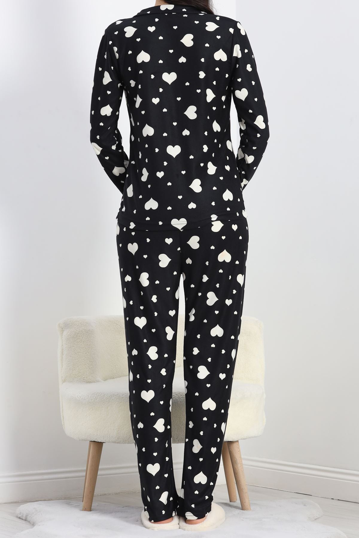 Düğmeli Süet Pijama Takımı Siyahbeyaz - 50039.1857.
