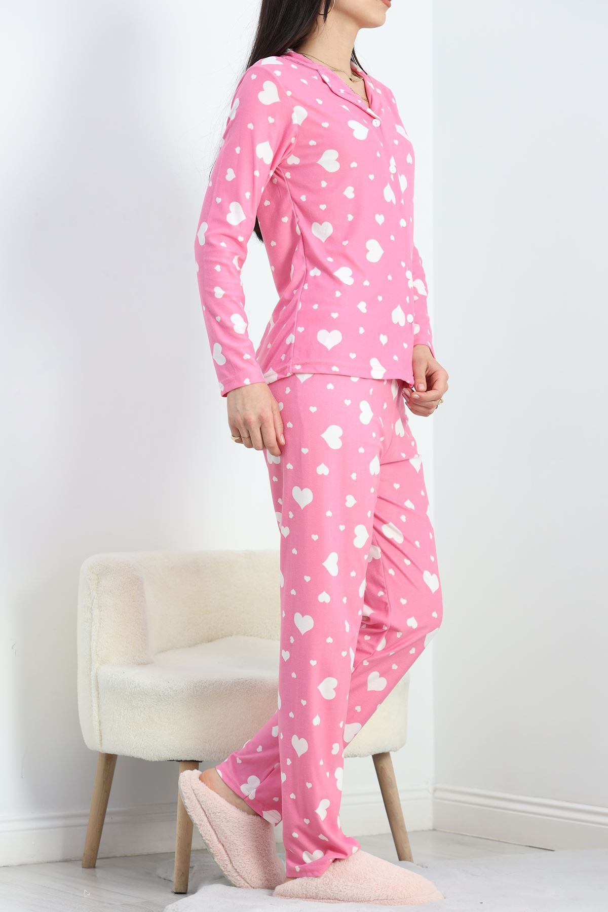 Düğmeli Süet Pijama Takımı Pembekalpli - 50039.1857.