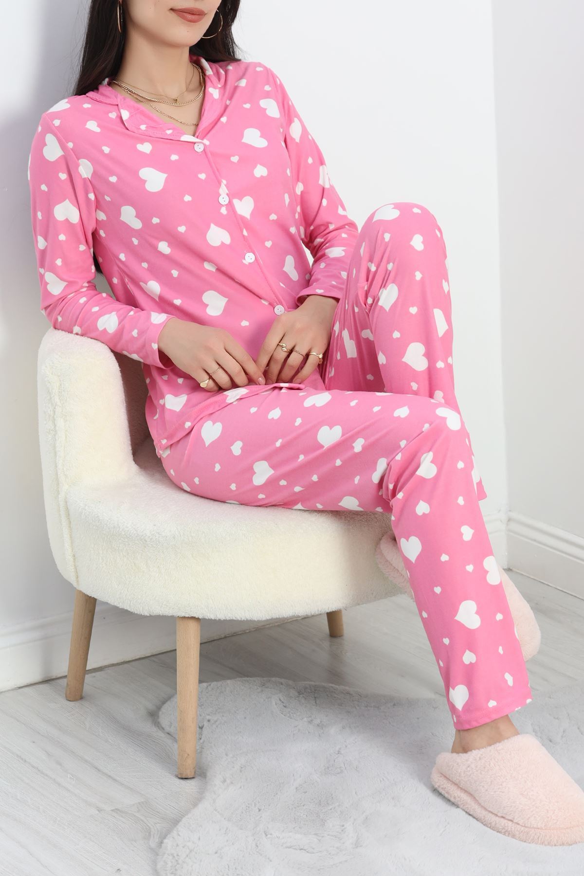 Düğmeli Süet Pijama Takımı Pembekalpli - 50039.1857.