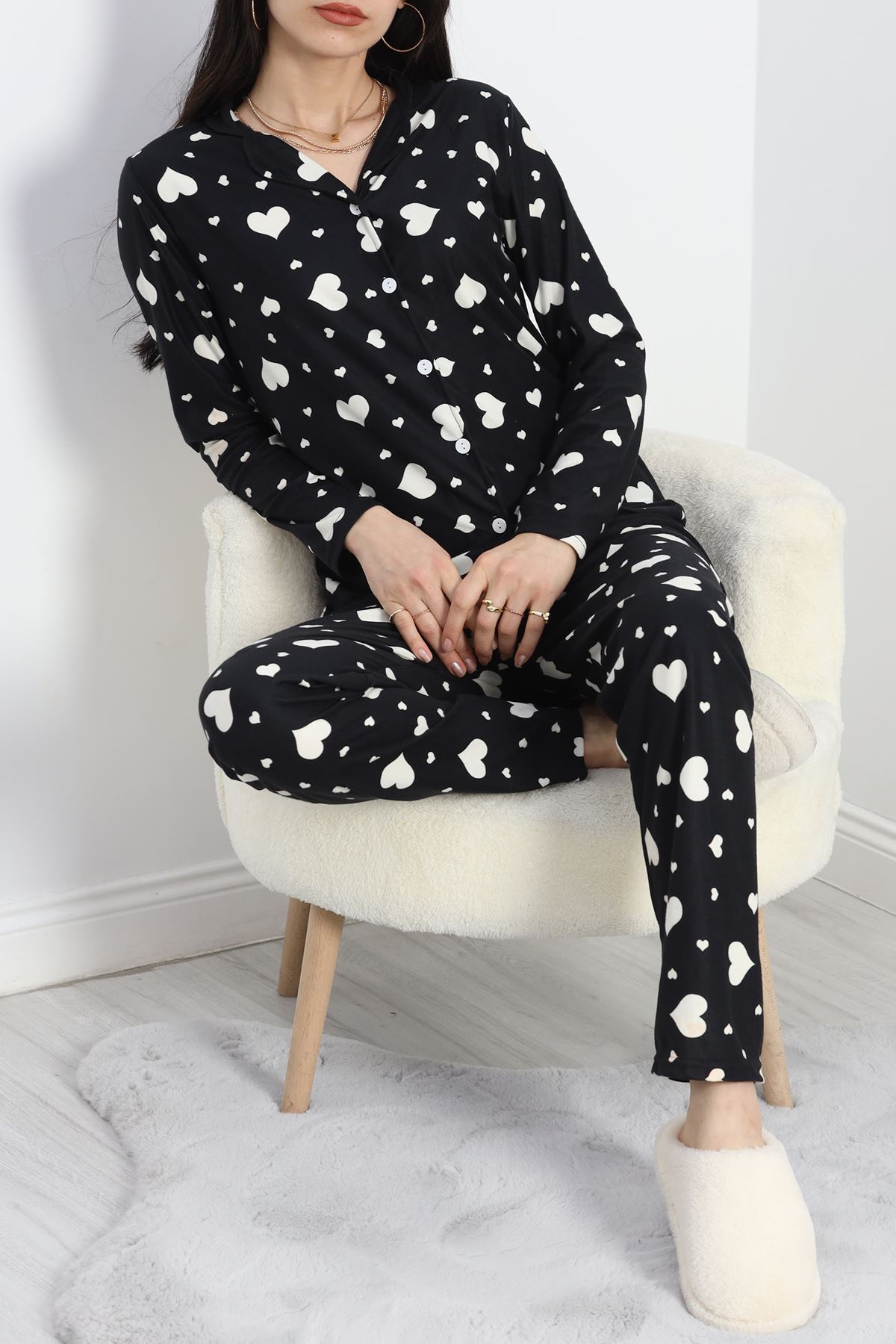 Düğmeli Süet Pijama Takımı Siyahbeyaz - 50039.1857.