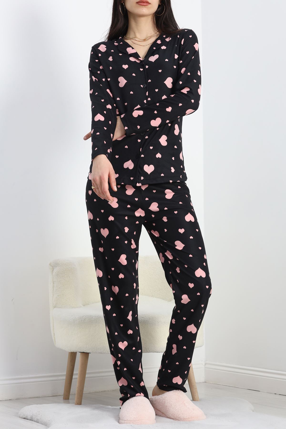 Düğmeli Süet Pijama Takımı Siyahpembe - 50039.1857.