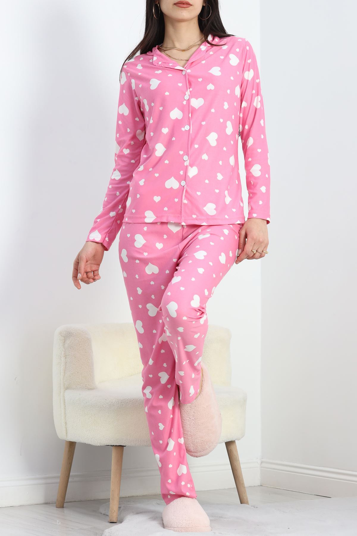 Düğmeli Süet Pijama Takımı Pembekalpli - 50039.1857.