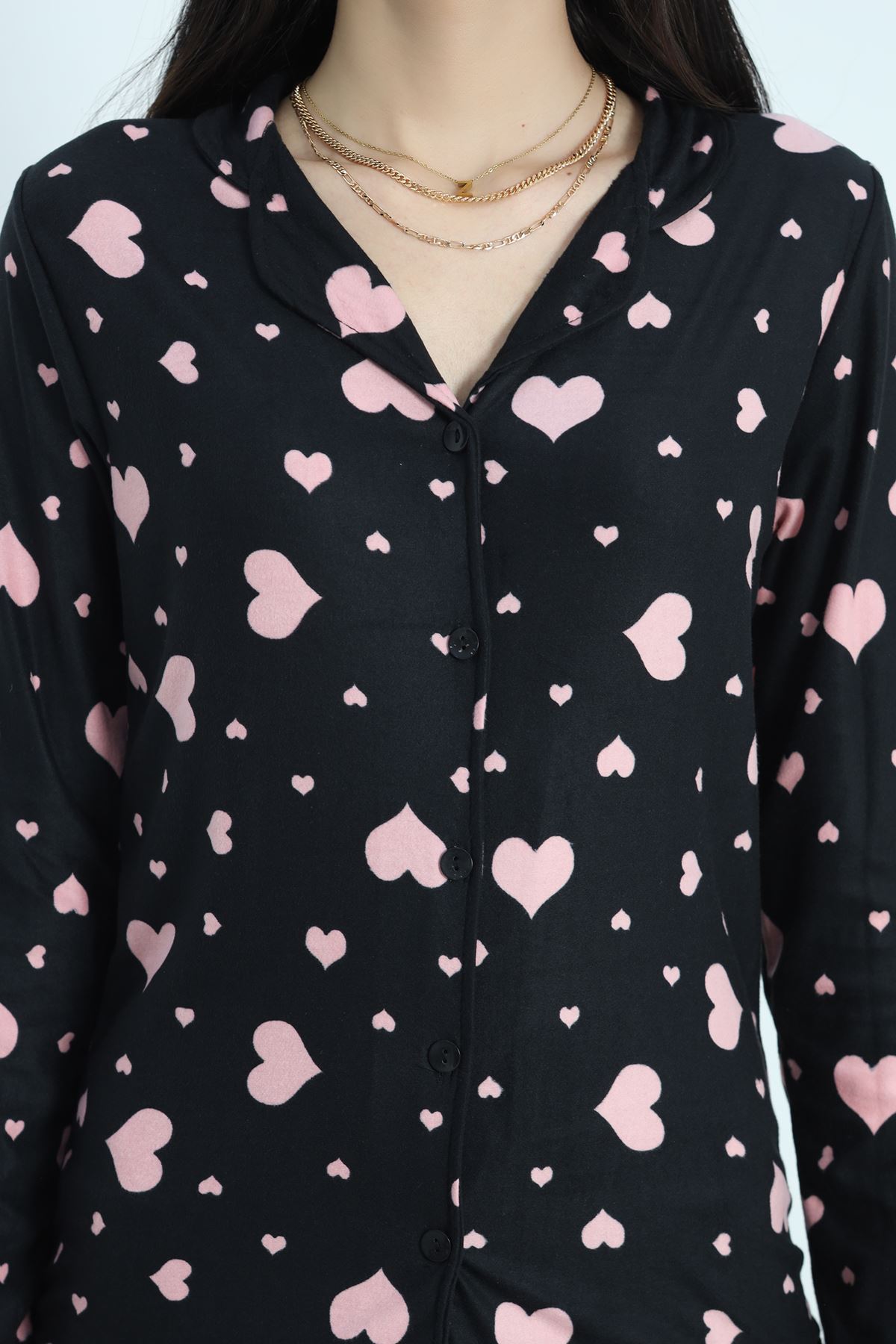 Düğmeli Süet Pijama Takımı Siyahpembe - 50039.1857.