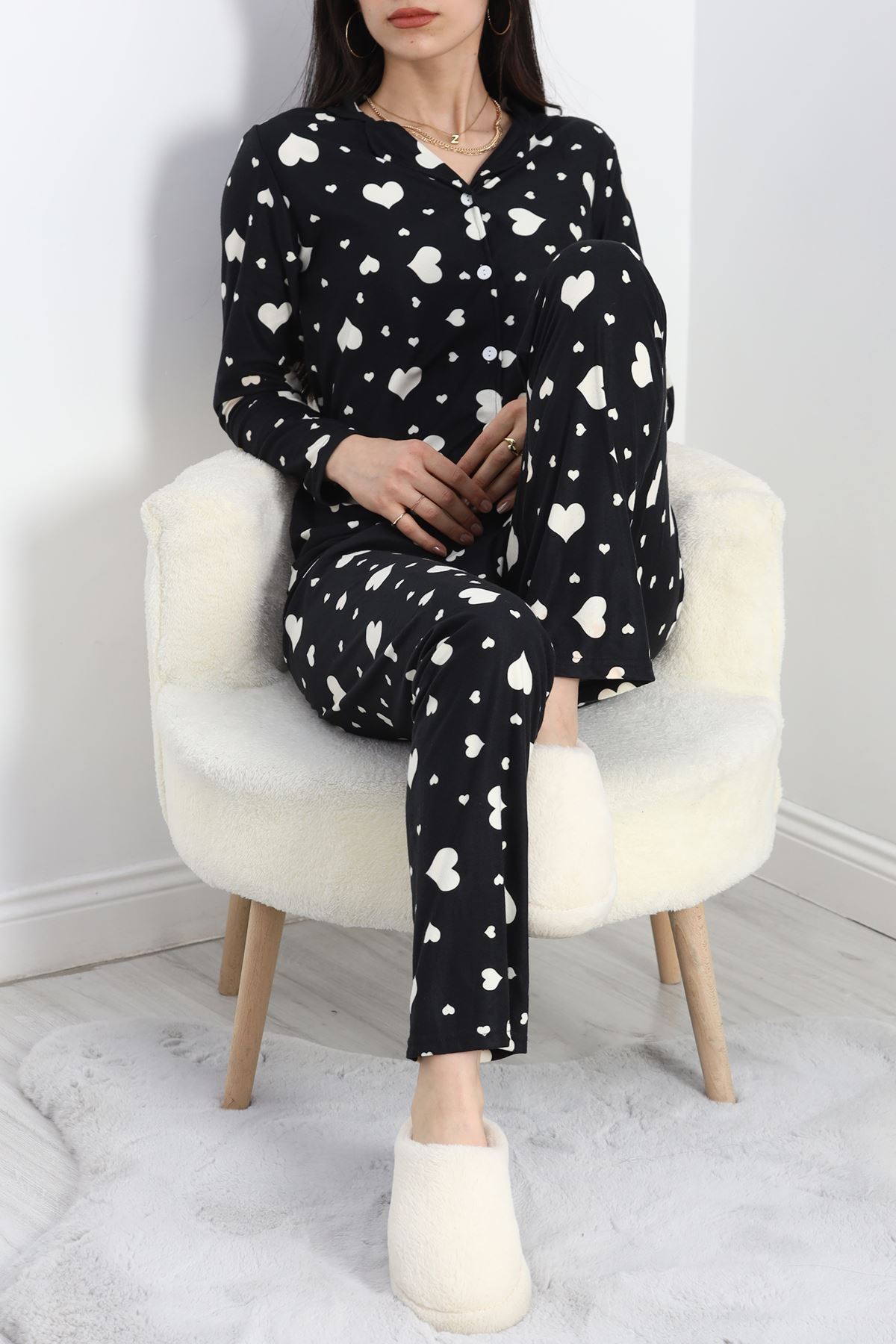 Düğmeli Süet Pijama Takımı Siyahbeyaz - 50039.1857.